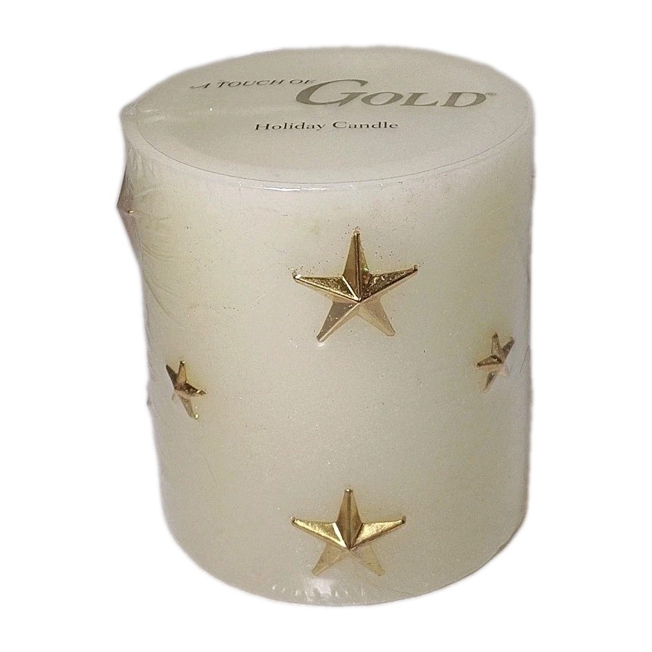Vintage “A Touch of Gold” Wax Pillar Candle Glitter Cream Gold Stars 3.25″ New