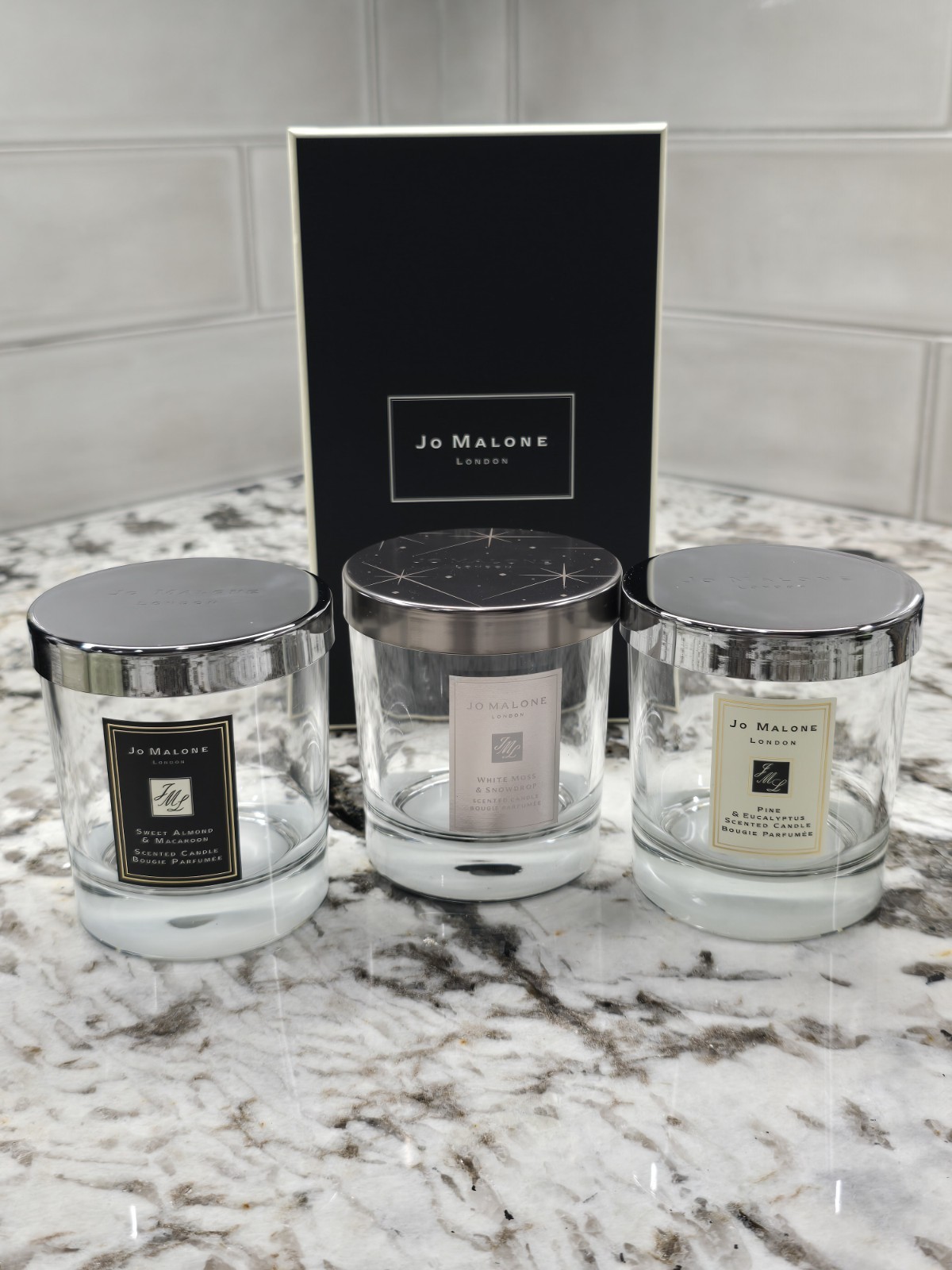 3 – Jo Malone Candle Jar EMPTY Snow Drop, Sweet Macaroon, & Pine Euc + Gift Box
