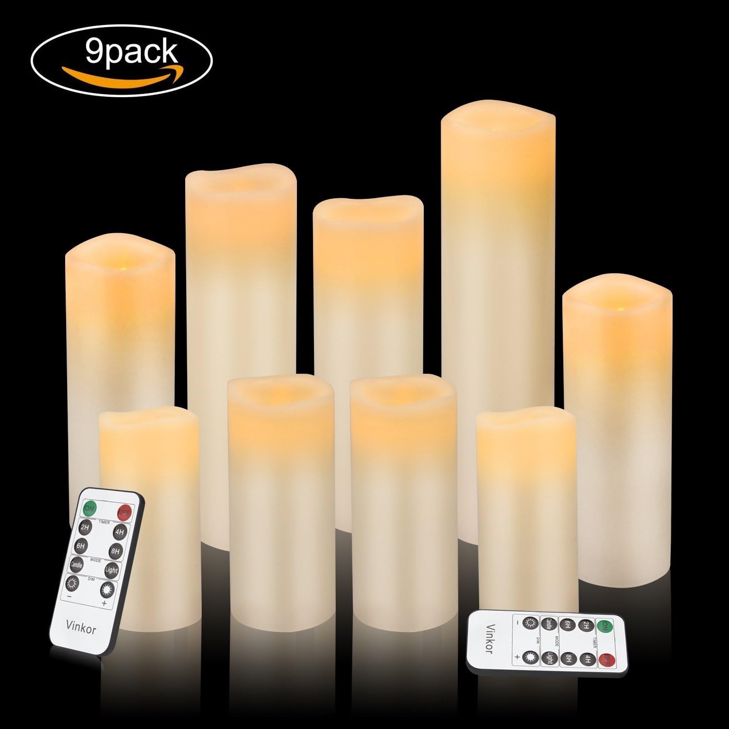 Set of 9 Cordless Ivory Flameless Pillar Candles with Remote Control & Timer