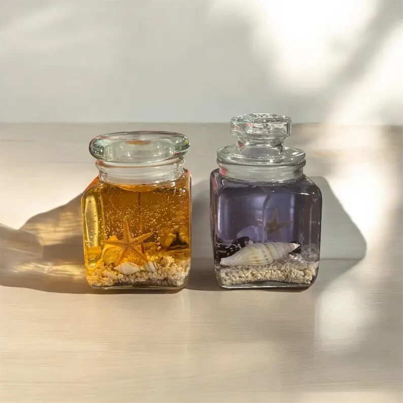 Ocean-Themed Heart/Square Gel Candle with Starfish, Seashells, and Sand – Beach-