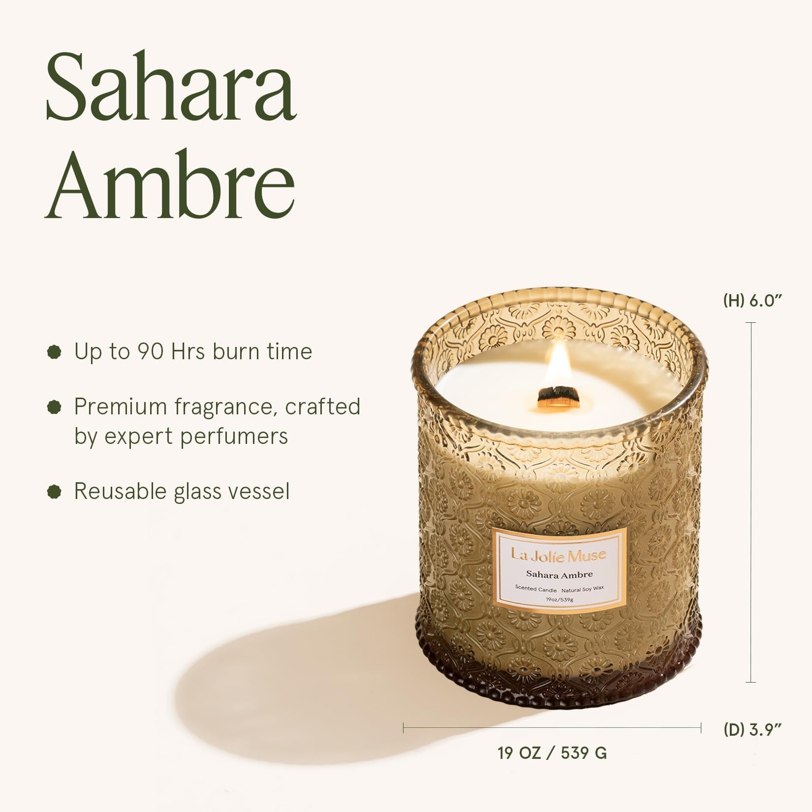 | Sahara Amber Candle | Bergamot, Clove & Amber | 19 oz Wooden Wick | Natural…