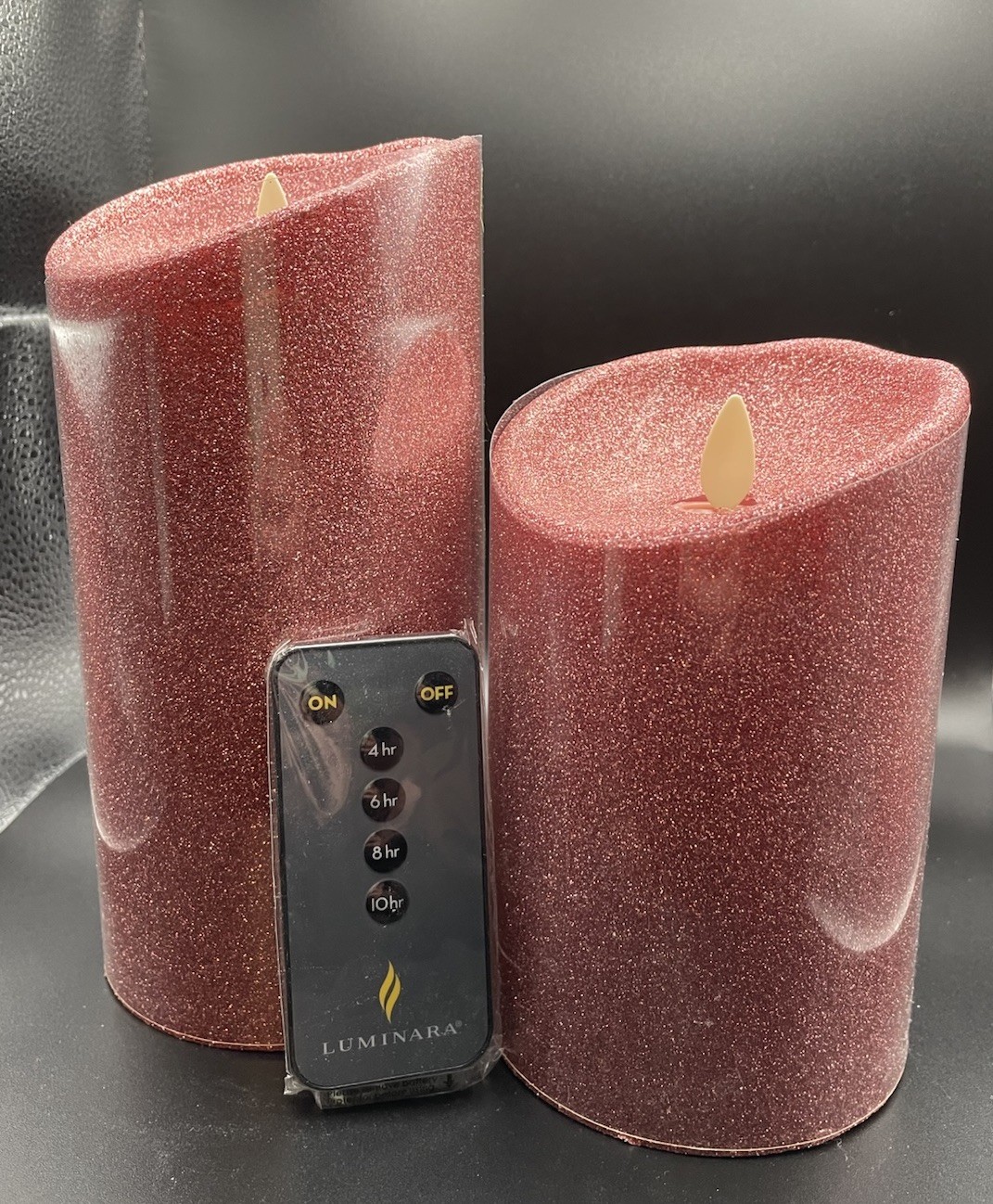 Luminara Flameless 5″ & 7″ Pink Glitter 2 pack Candle Set Timers and one remote