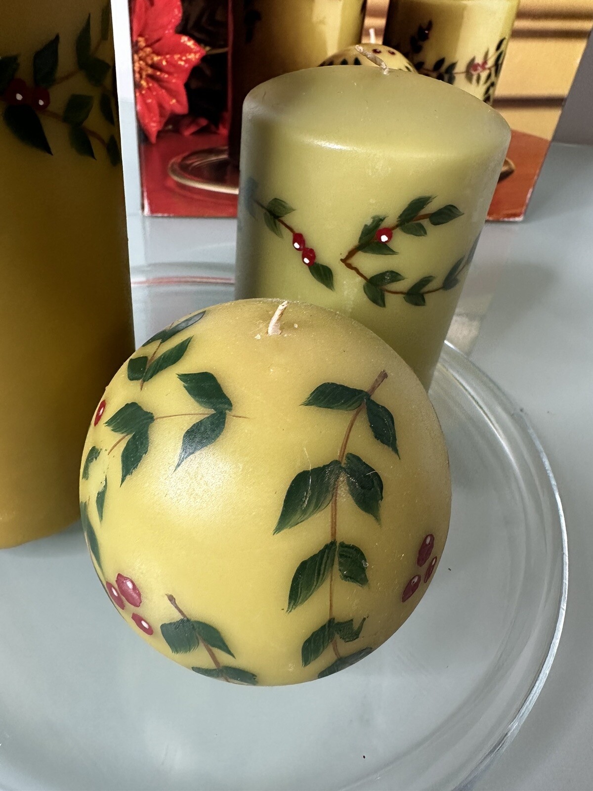 Candle Gift Set. Green Holly. Holiday Time. 3 Candle