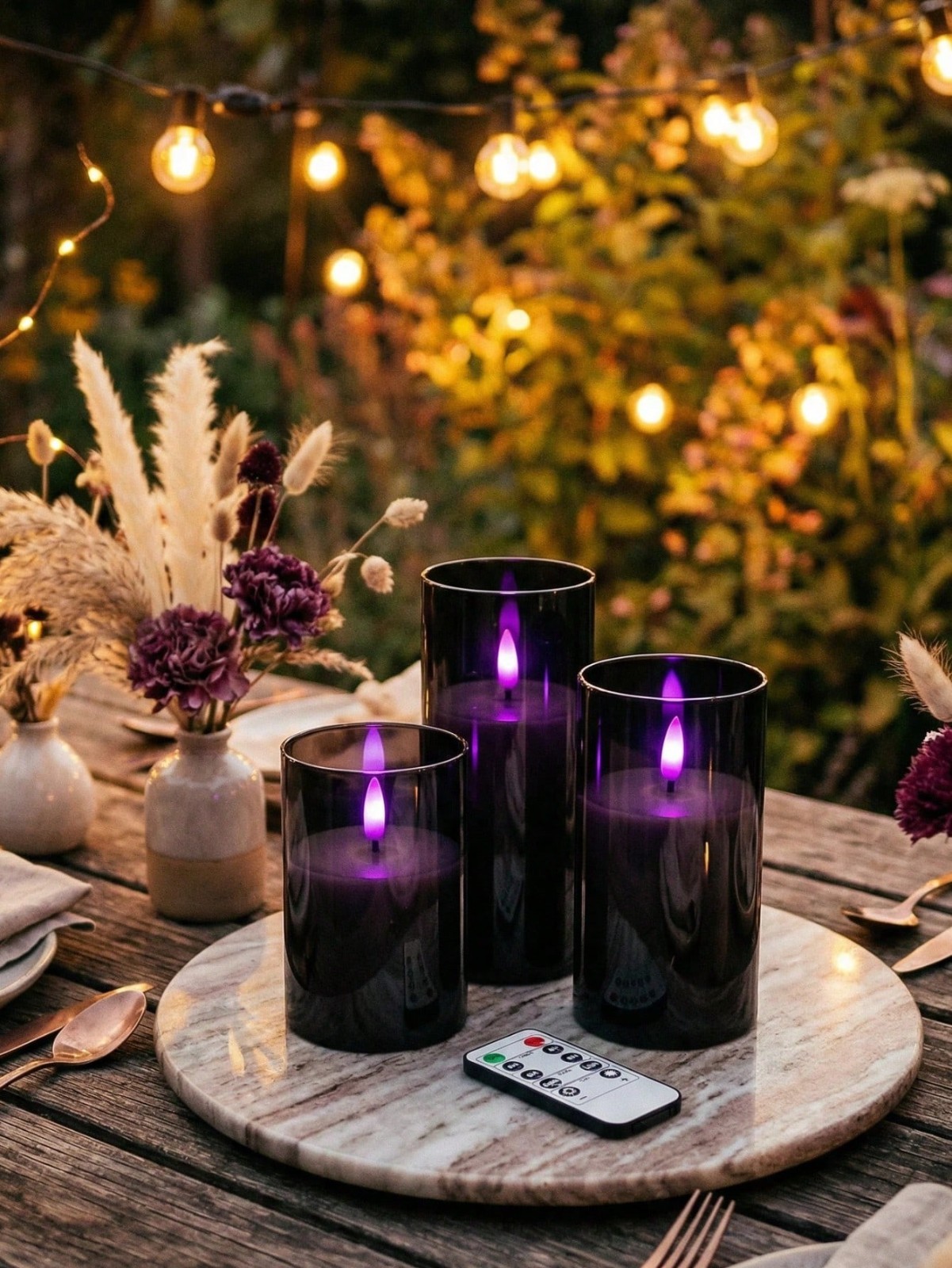 3PCS Black Flameless LED Candles Purple Light Remote Timer Halloween