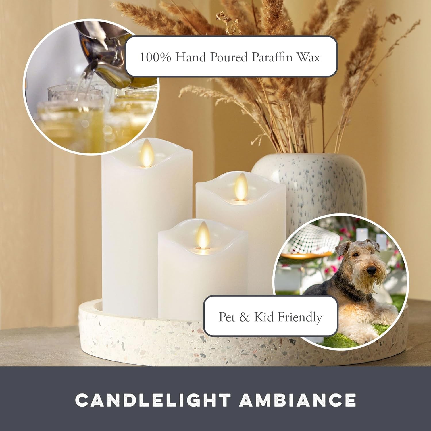 Matchless Candle Co. by Luminara Set of 3 (3″ x 4.5″,5.5″,6.5″) Ivory