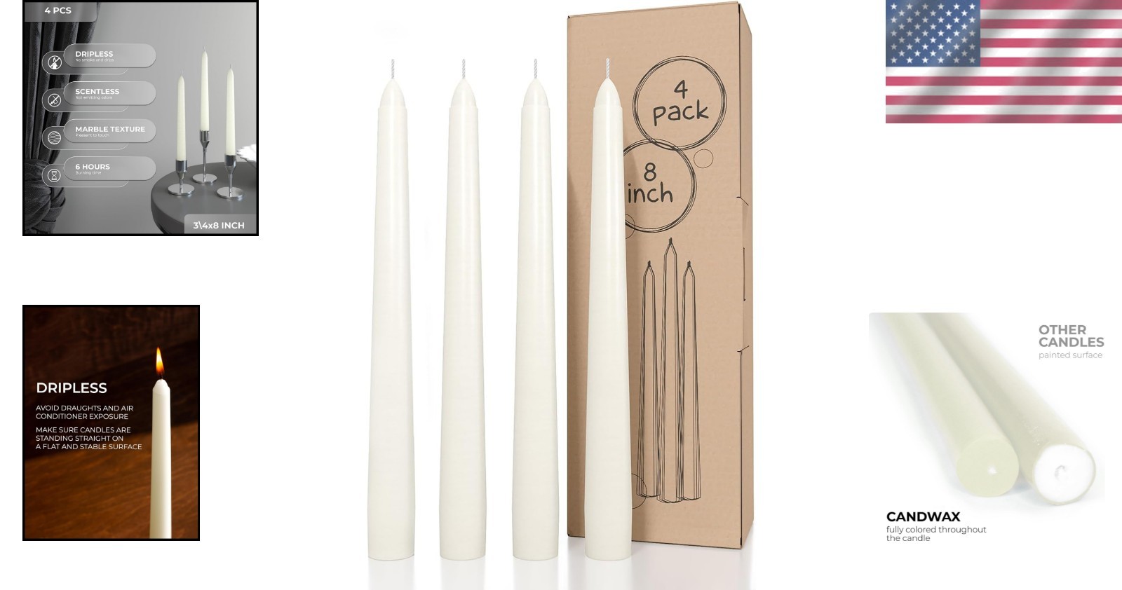 Ivory Dripless Taper Candles 8 Inch – Set of 4 Unscented Long Burning Candles