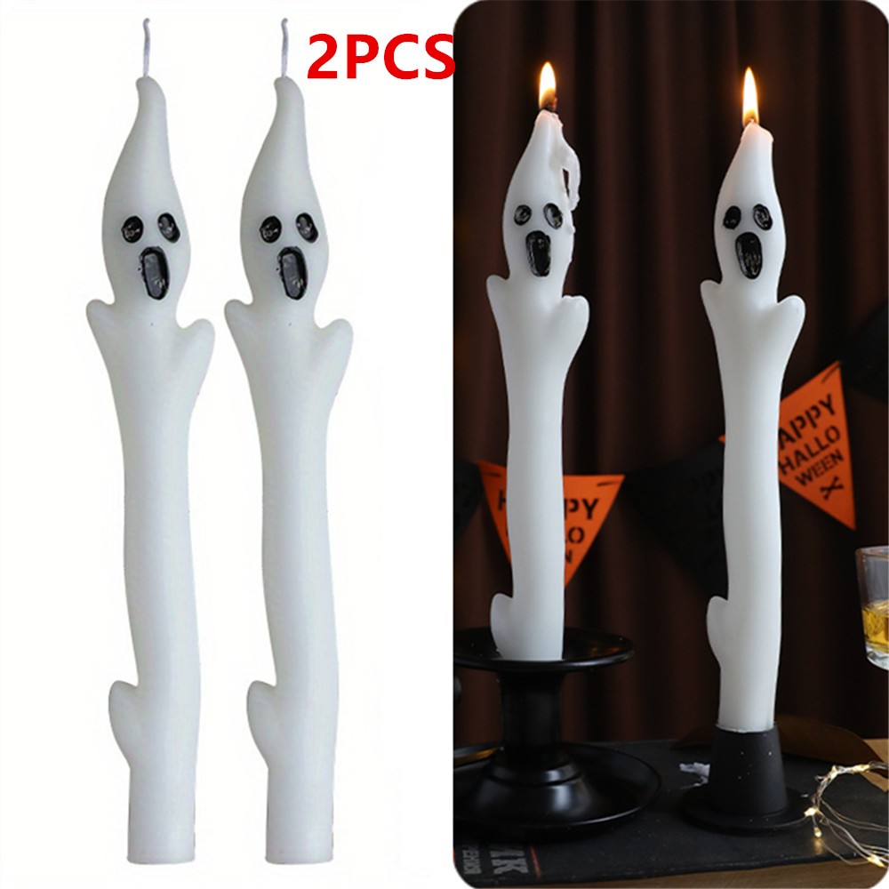 2PCS White Halloween Ghost Long Candles Spooky Ghost Taper Candles Home Decor