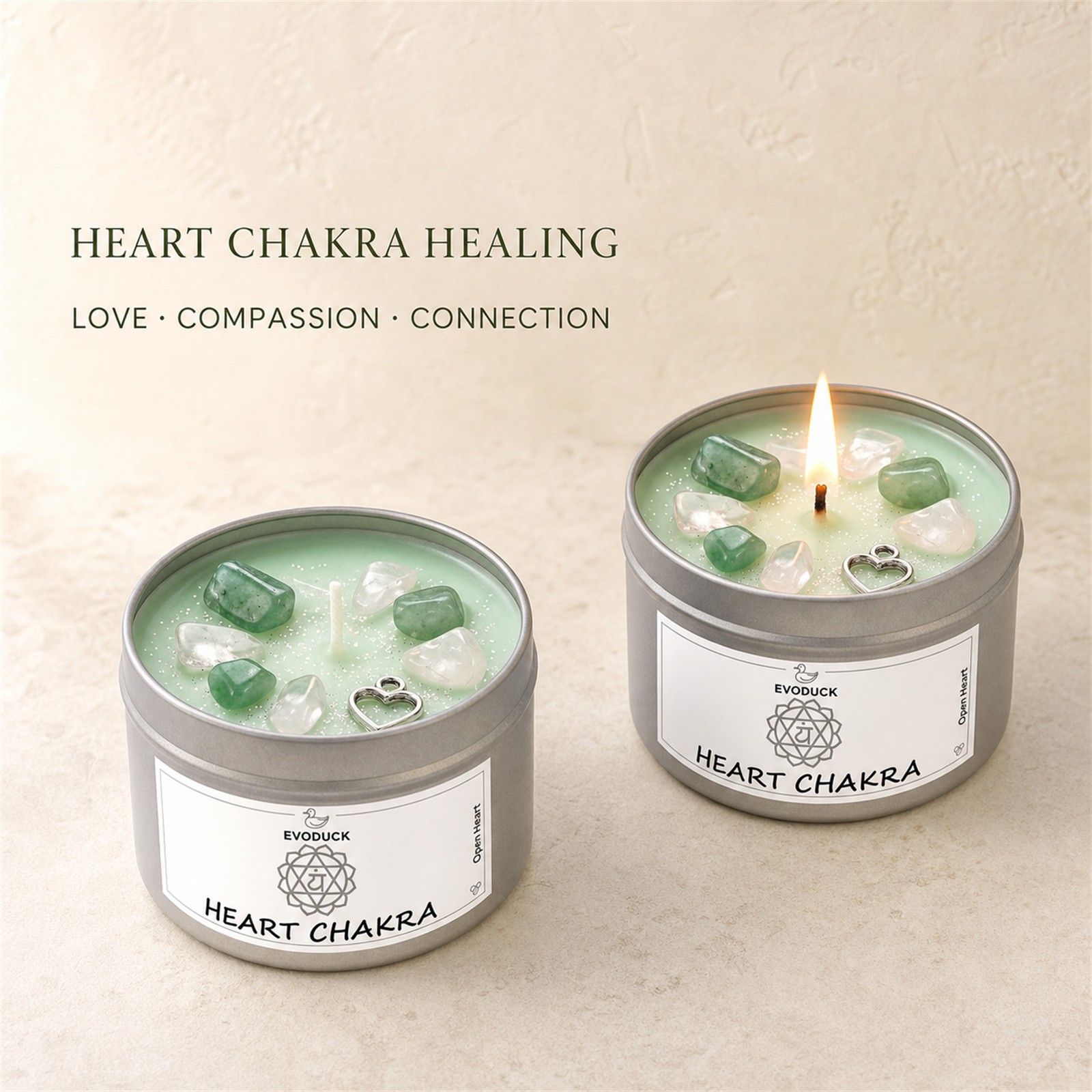 2-Pack EVODUCK Heart Chakra Healing Candles w/ Crystals, Rose, 3 oz