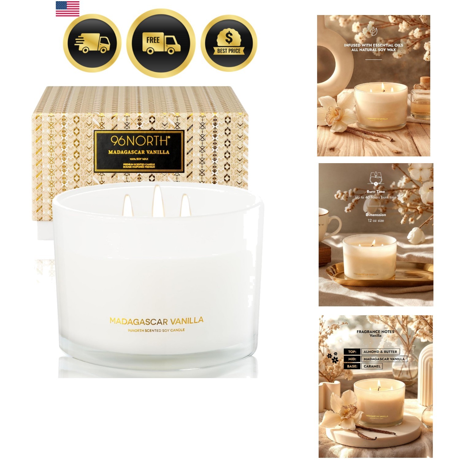 Luxury Vanilla Soy Candles | Large 3 Wick Jar Candle | Up to 50 Hours Burning…