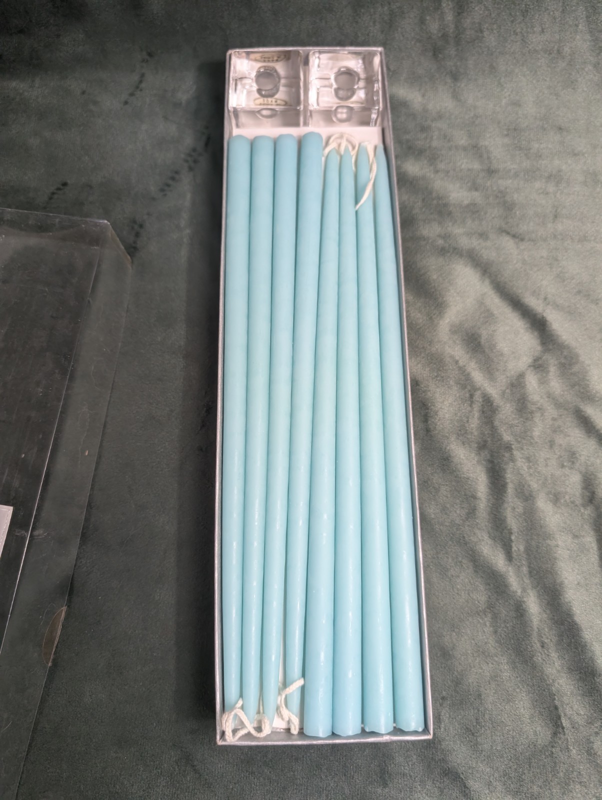 Creative Candles Vintage New in Box 8 Blue Tapers 12 x 1/2 + 2 Candle Holders