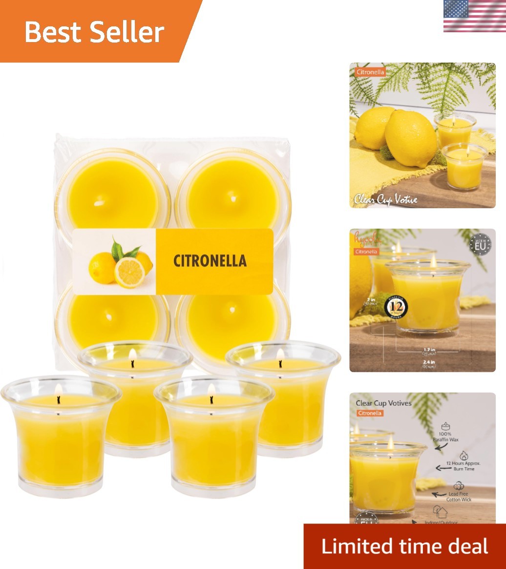 12 Hour Citronella Votive Candles – Clear Cup Design – 4 Pack – Art Deco Style