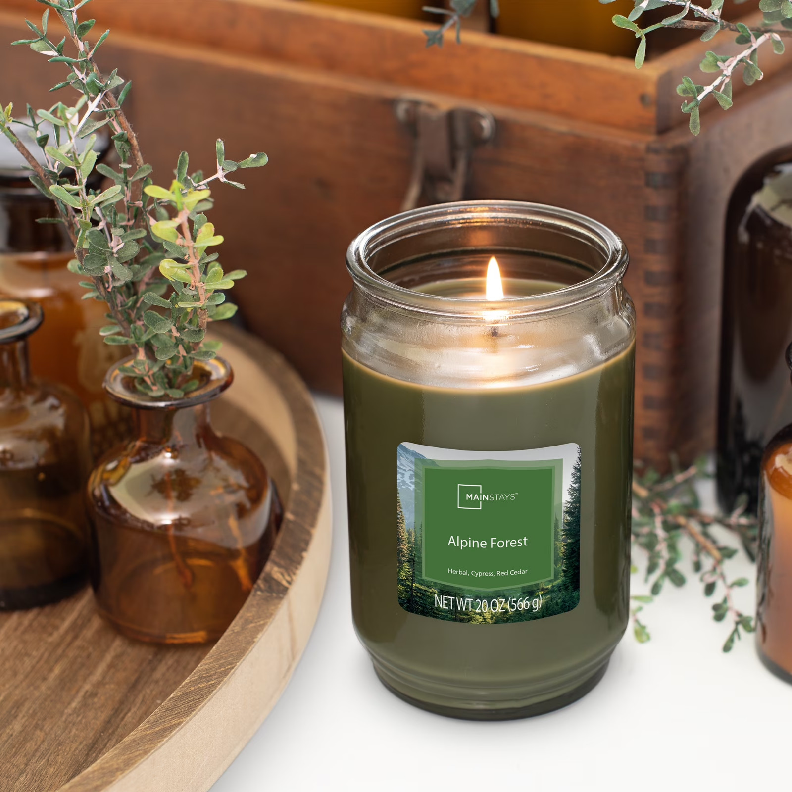 Mainstays Single-Wick scented Glass jar candle Alpine Forest 20oz…..
