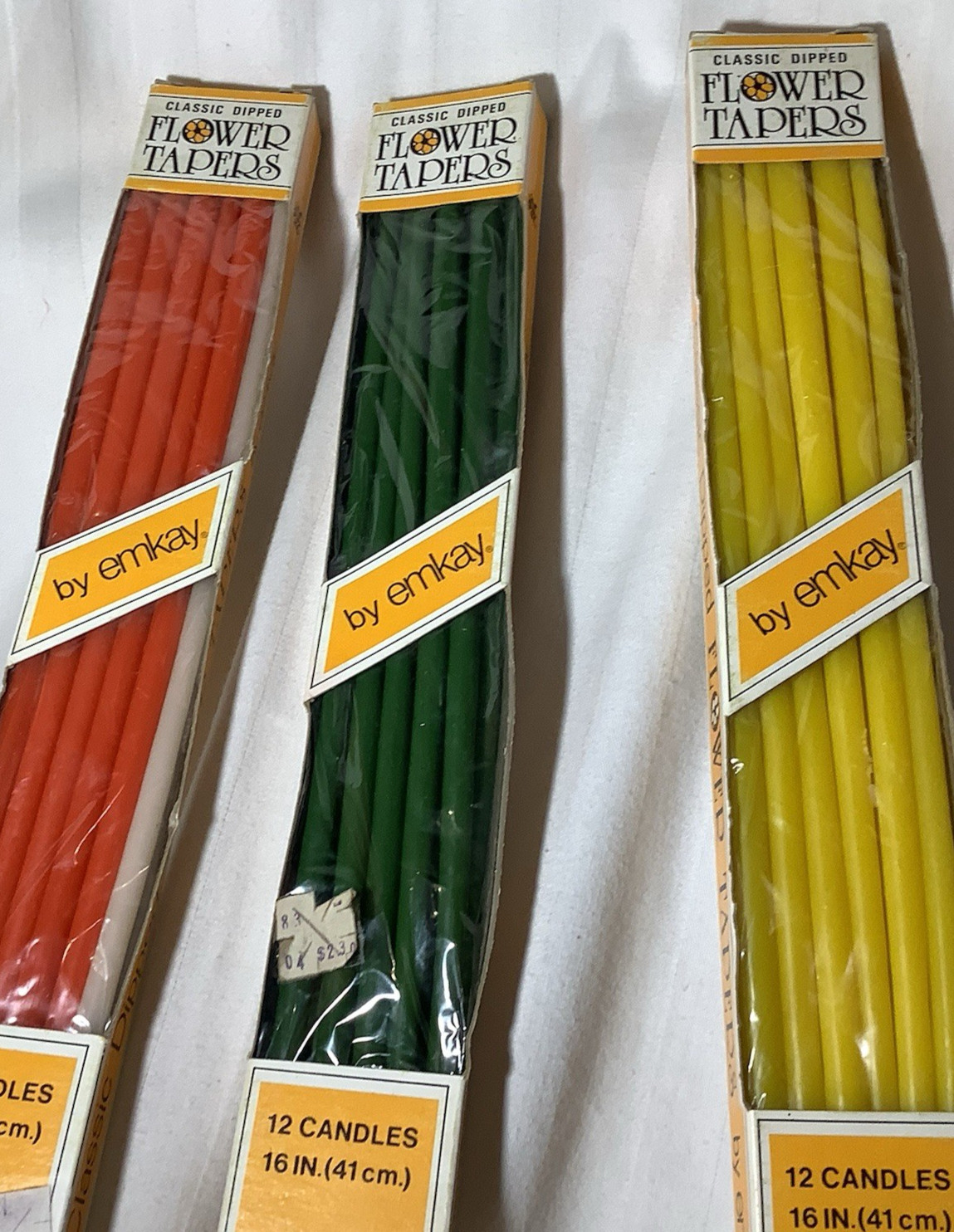 Vintage Emkay Classic Dipped Flower Tapers 16” Candles Green Orange Yellow White