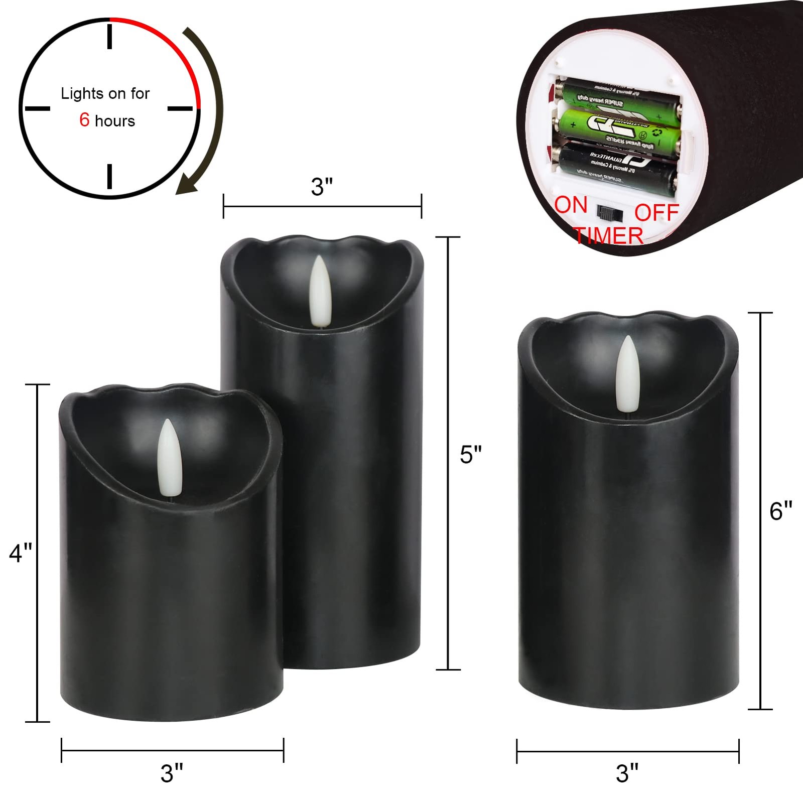 Black Flameless Pillar Candles with 6H Timer AAA Battery Powered Real Wax Wic…