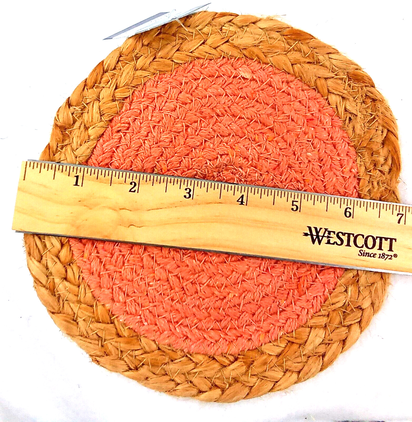 Jute Candle Mat Pad Peach Cotton Fabric Crossroads Round India Tan Stitched 6.5″