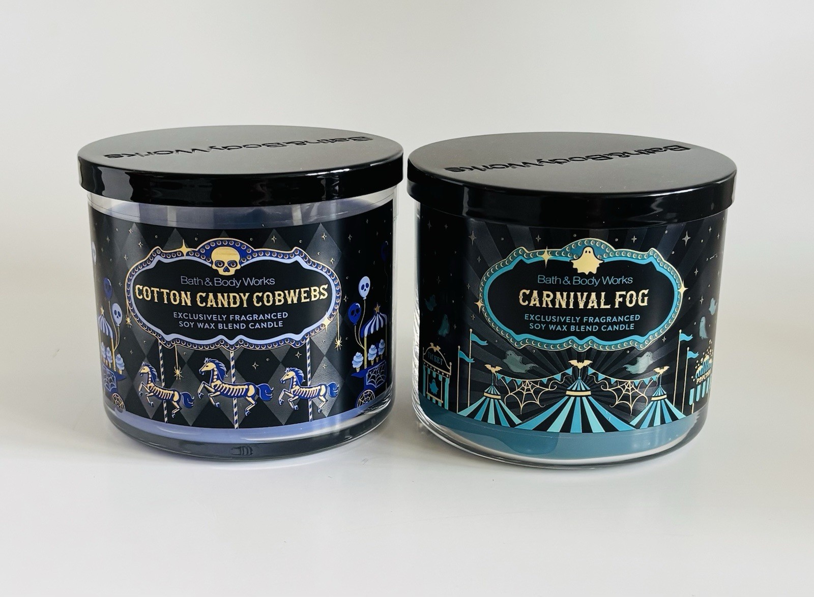 Bath & Body Works Carnival Fog & Cotton Candy Cobweb 3 Wick Candles New