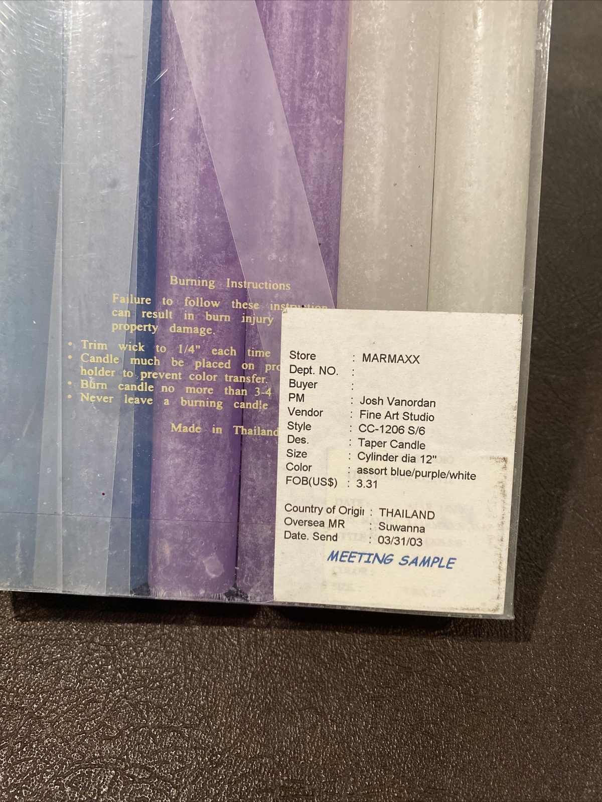 Set Of 6 cylinder taper candles Made thailand fine art studio Blue Purple White