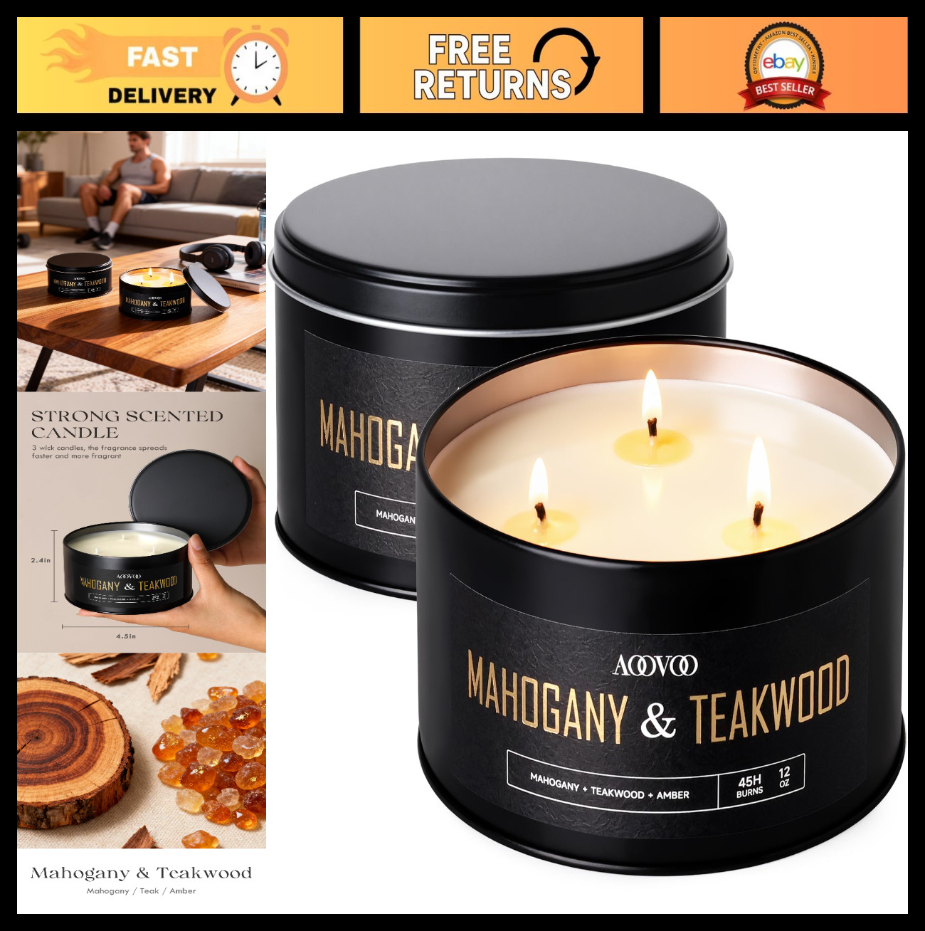 2 Pack 24oz Mahogany Teakwood Scented Candles – 3 Wick Long Lasting Soy, Gift fo