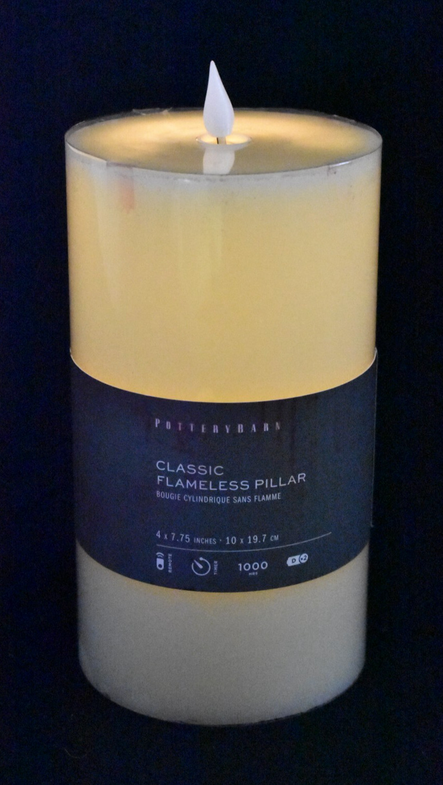 Pottery Barn Classic Flameless Faux Flickering Ivory Wax Pillar Candle 4″x7.75″