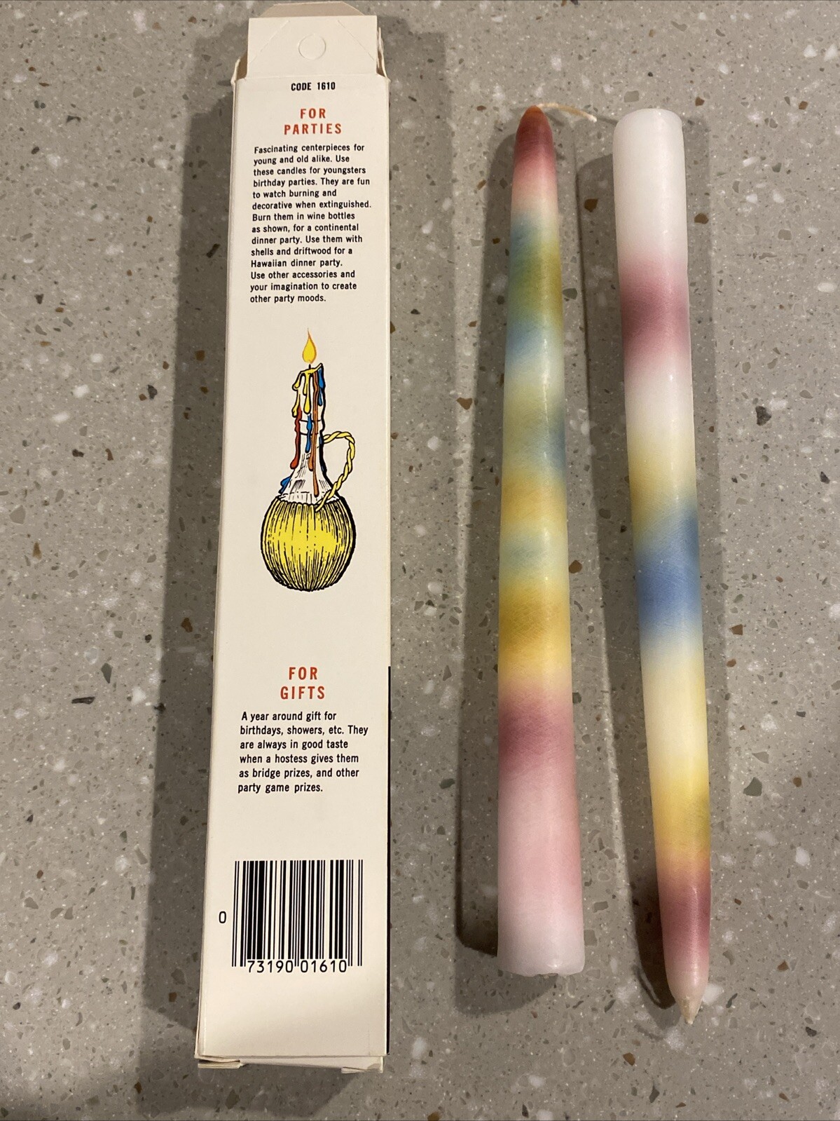 2 Multi Color DRIP CANDLES 9-1/2″ Rainbow Drip USA NOS Vintage