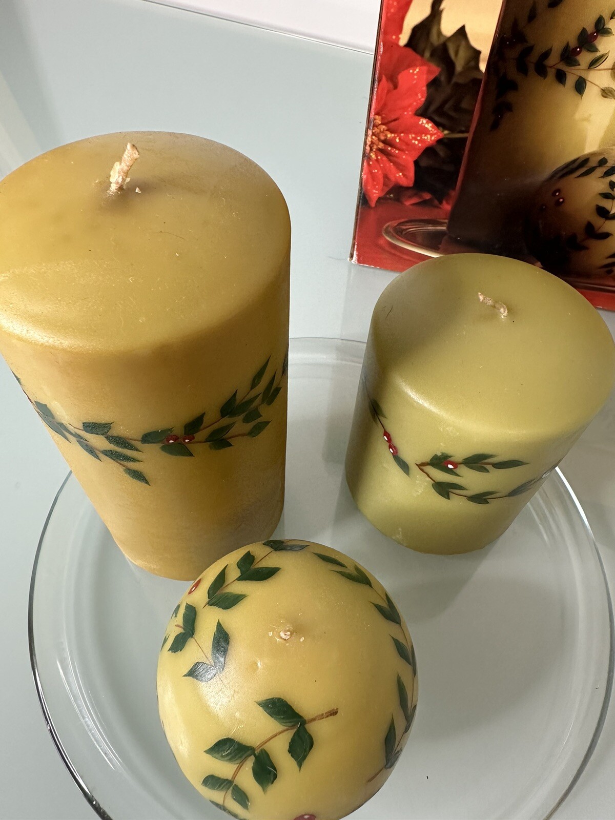 Candle Gift Set. Green Holly. Holiday Time. 3 Candle
