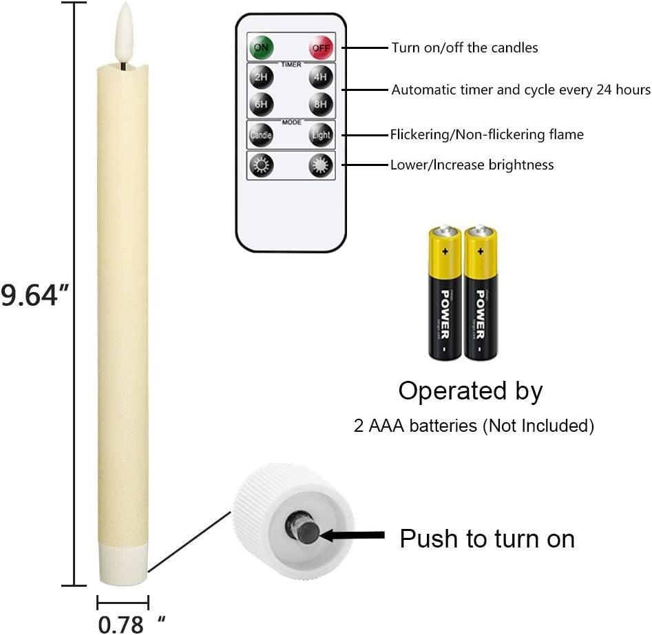 Set of 2, 8″ LED Taper Real Wax Flameless Taper Candle Moving Wick Ivory Wedding
