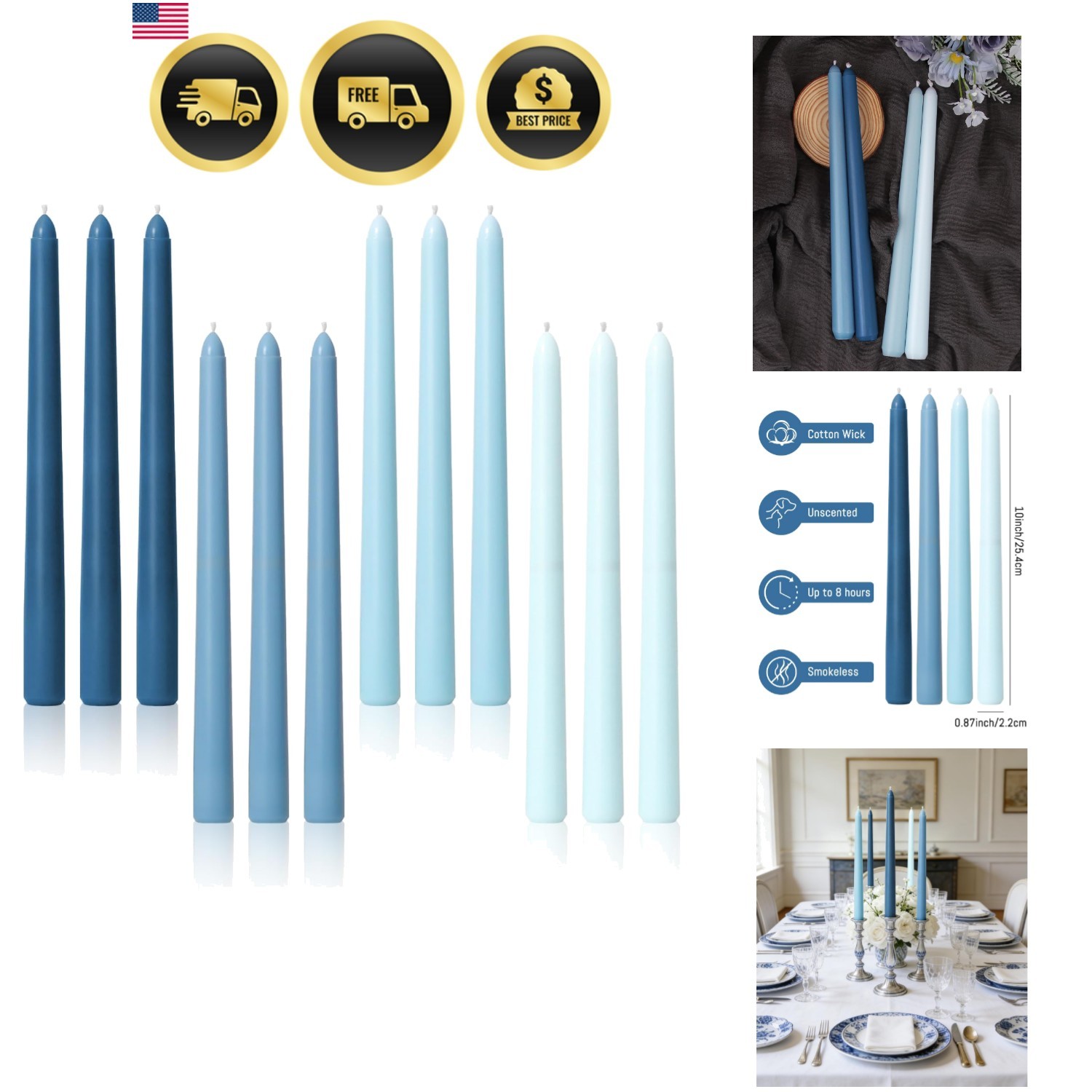 10 Inch Taper Candles, 12 Pack Blue-Unscented, Dripless Design– Long Tall Tap…