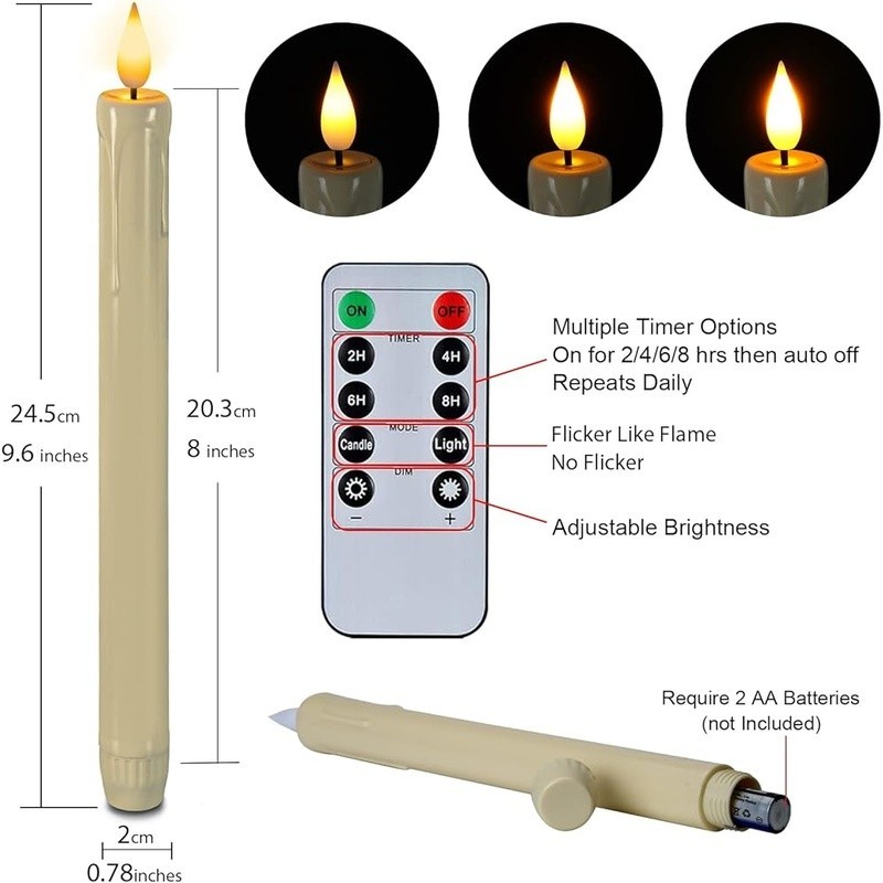 Realistic Flameless Taper Candles Remote Timer Dimmer 3D LED Flame Decor New