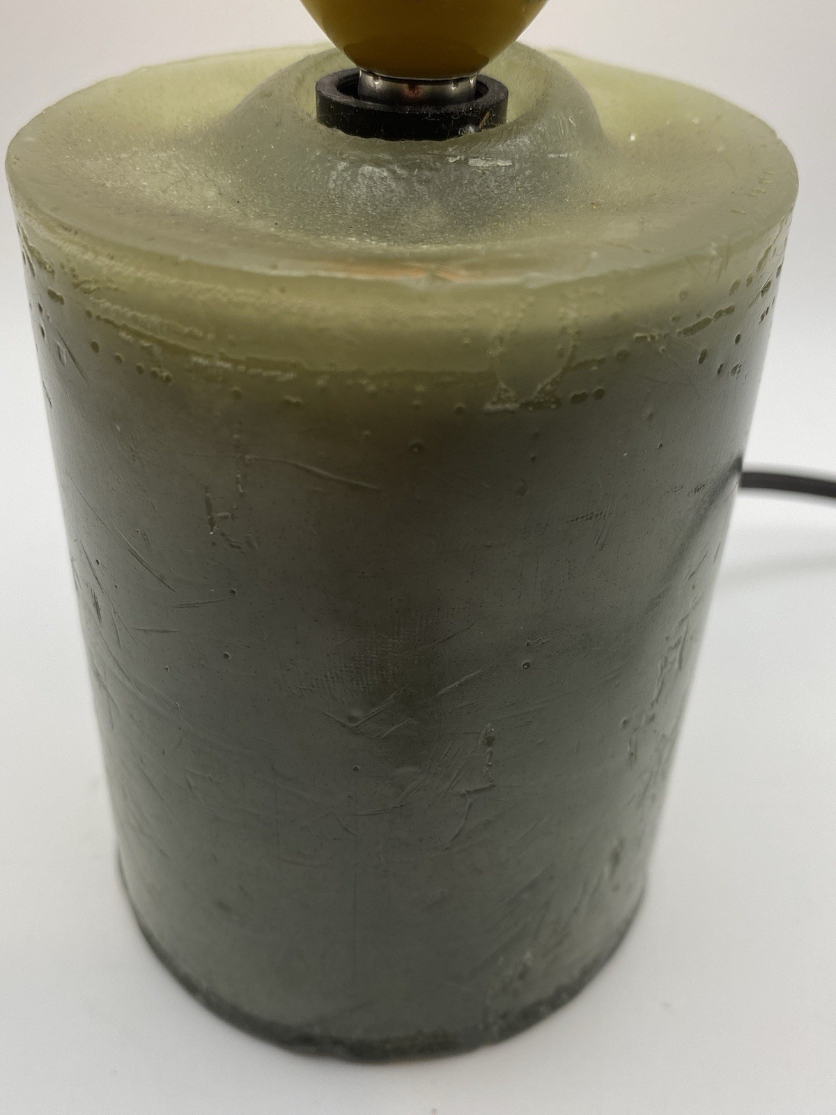 Green Wax Pillar Candle With Gold Flicker Flame Bulb, Corded, On/Off Switch, 8”