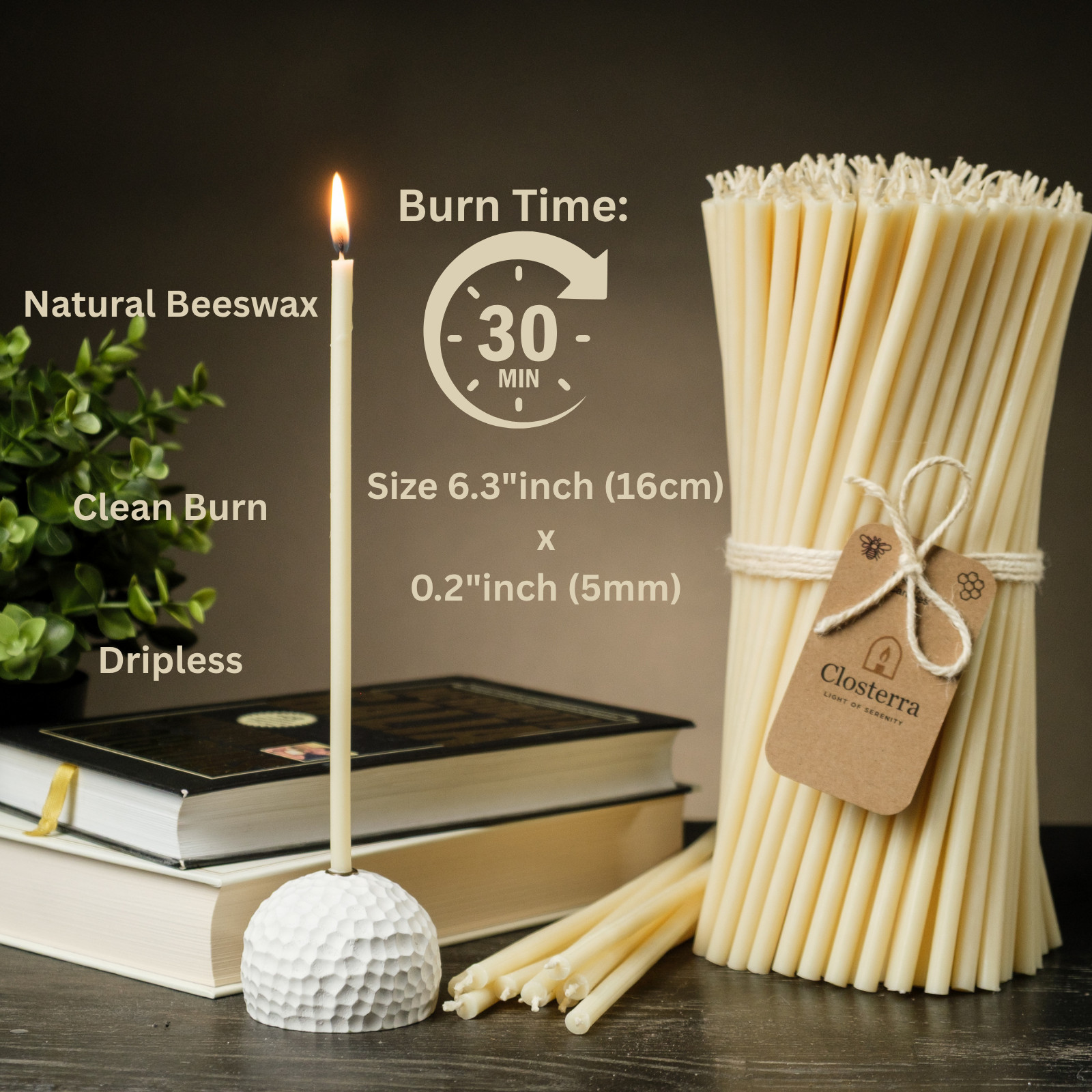 White Beeswax Candles 6.3″ Thin Taper 0.2″ Church Orthodox 25 Pack
