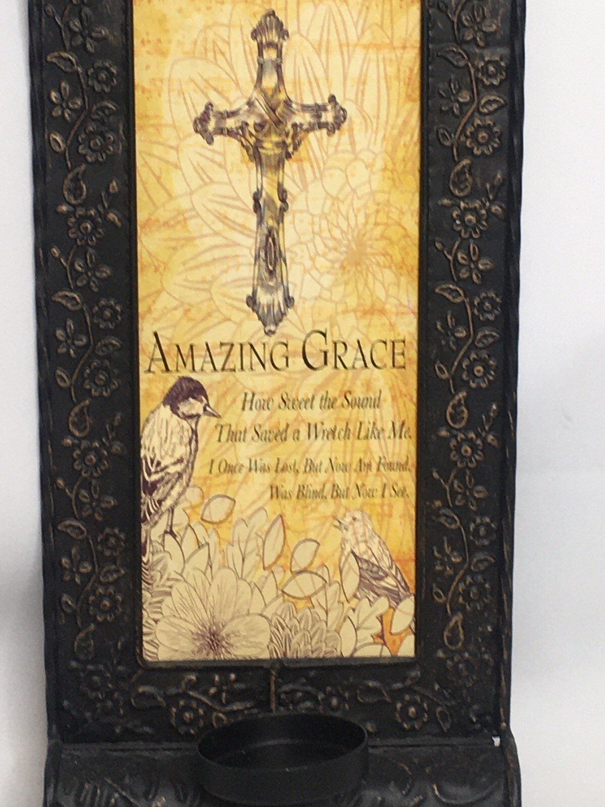 Wall Sconce Amazing Grace Candle Light Weight Metal Decor Cross Birds Votive