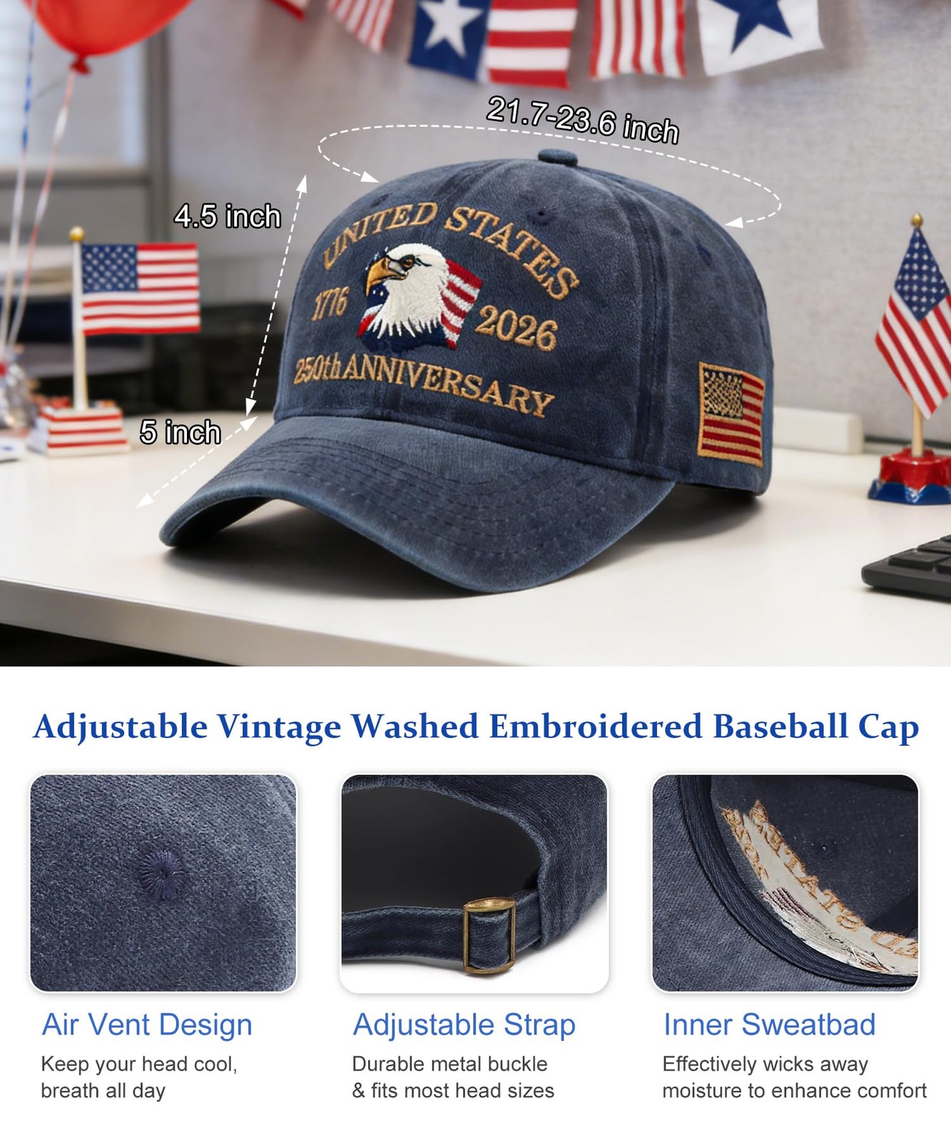 2 Pack USA 250th Anniversary Patriotic Embroidered Baseball Cap 17762026, Ame…