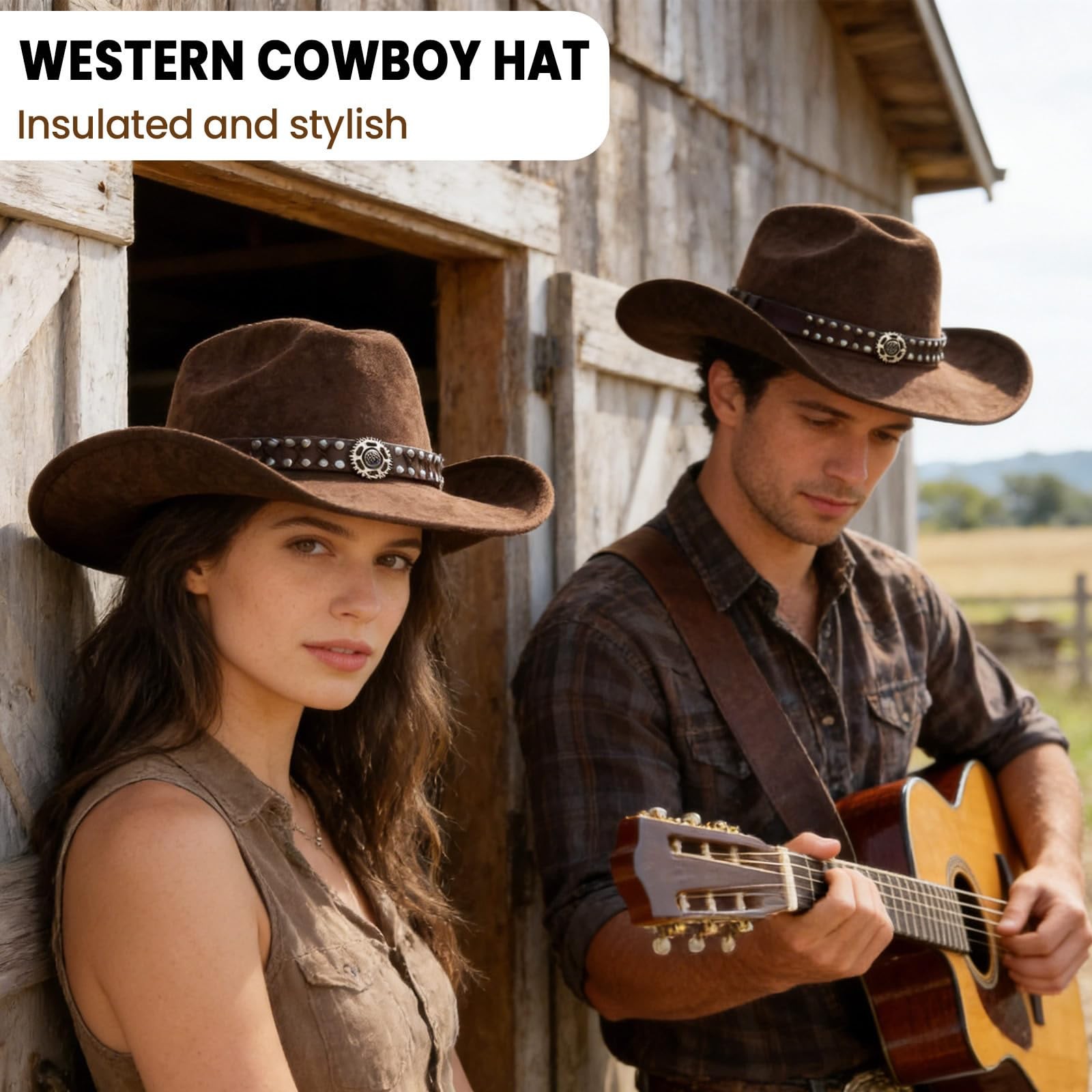 Unisex Wide Brim Brown Cowboy Hat Adjustable Size Fashionable