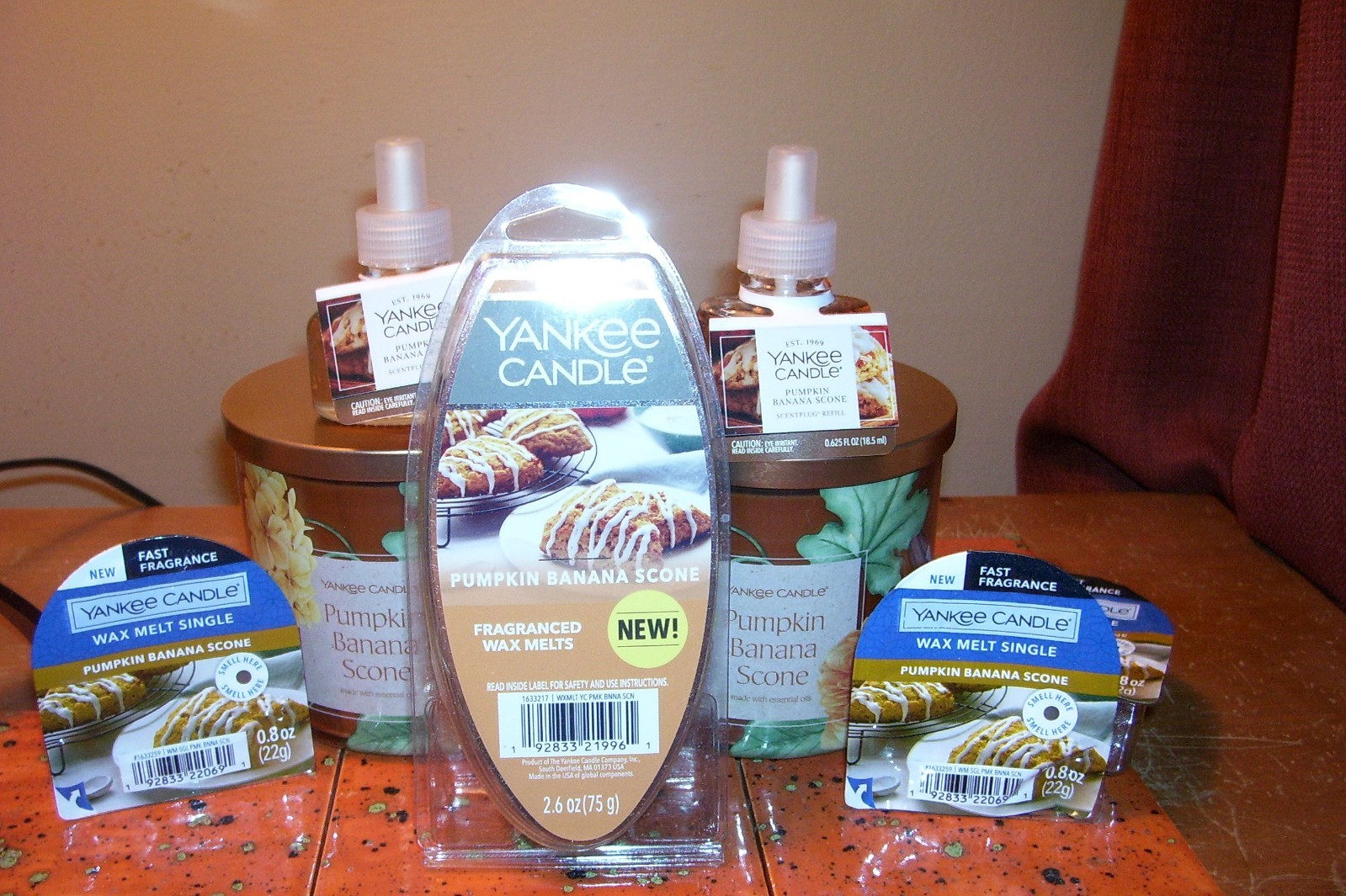 yankee candle 2-14.5oz 3 WICK JARS PUMPKIN BANANA SCONE + REFILL + PKG WAX MELTS