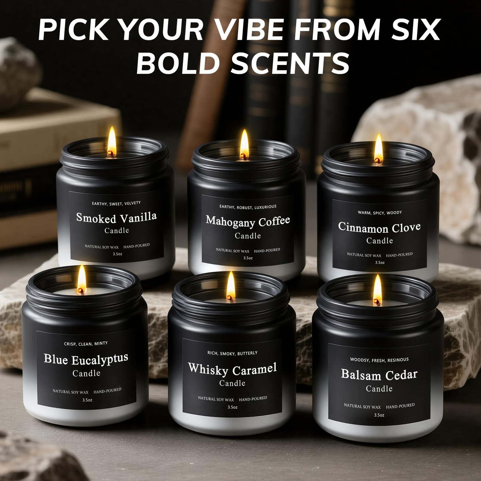 6 Pack Men Candles for Home Scented, Soy Wax 200 Hour Long Lasting Candle, Soy C
