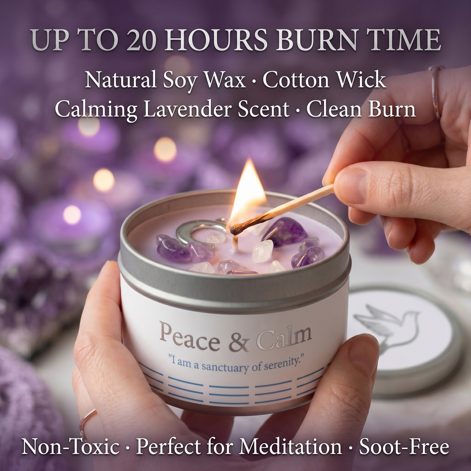 1 Pack EVODUCK Peace Crystal Candle Amethyst Stress Relief Meditation 3 oz