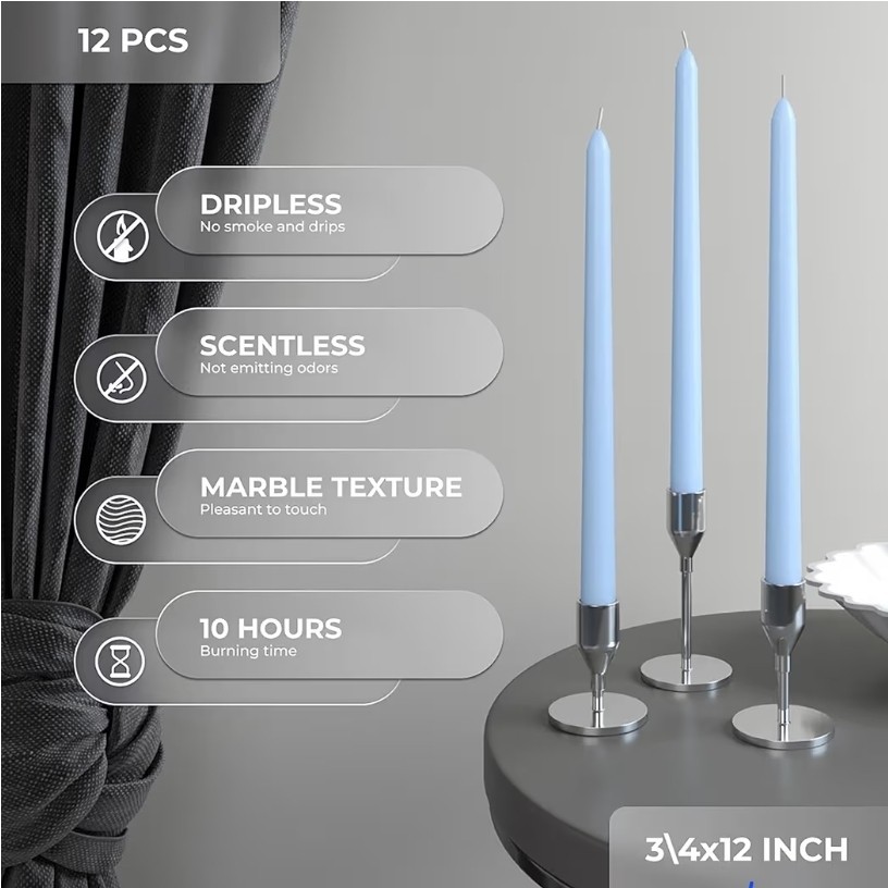 Light Blue 10 inch Taper Candles Set of 12 – Unscented Smokeless Dripless Tal…