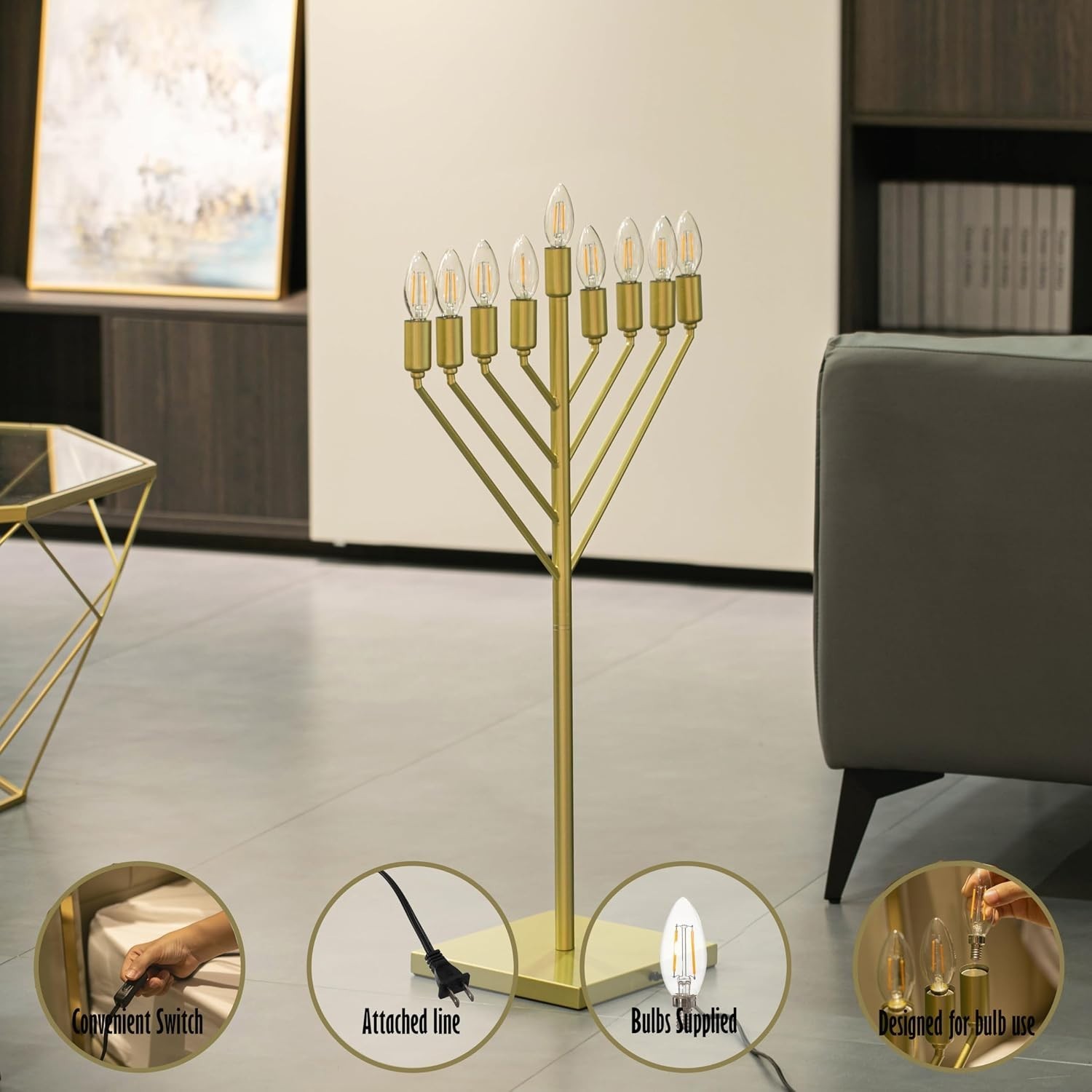 35″ Modern Gold 9 Branch Hanukkah Menorah Chabad Electric LED Flame Bulbs ✡