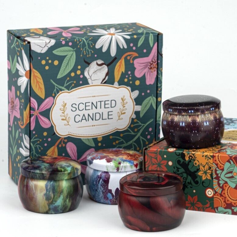 Aromatic Therapy Candles Assorted 4 Scents Tin Hard Can Deluxe Gift Box No Smoke