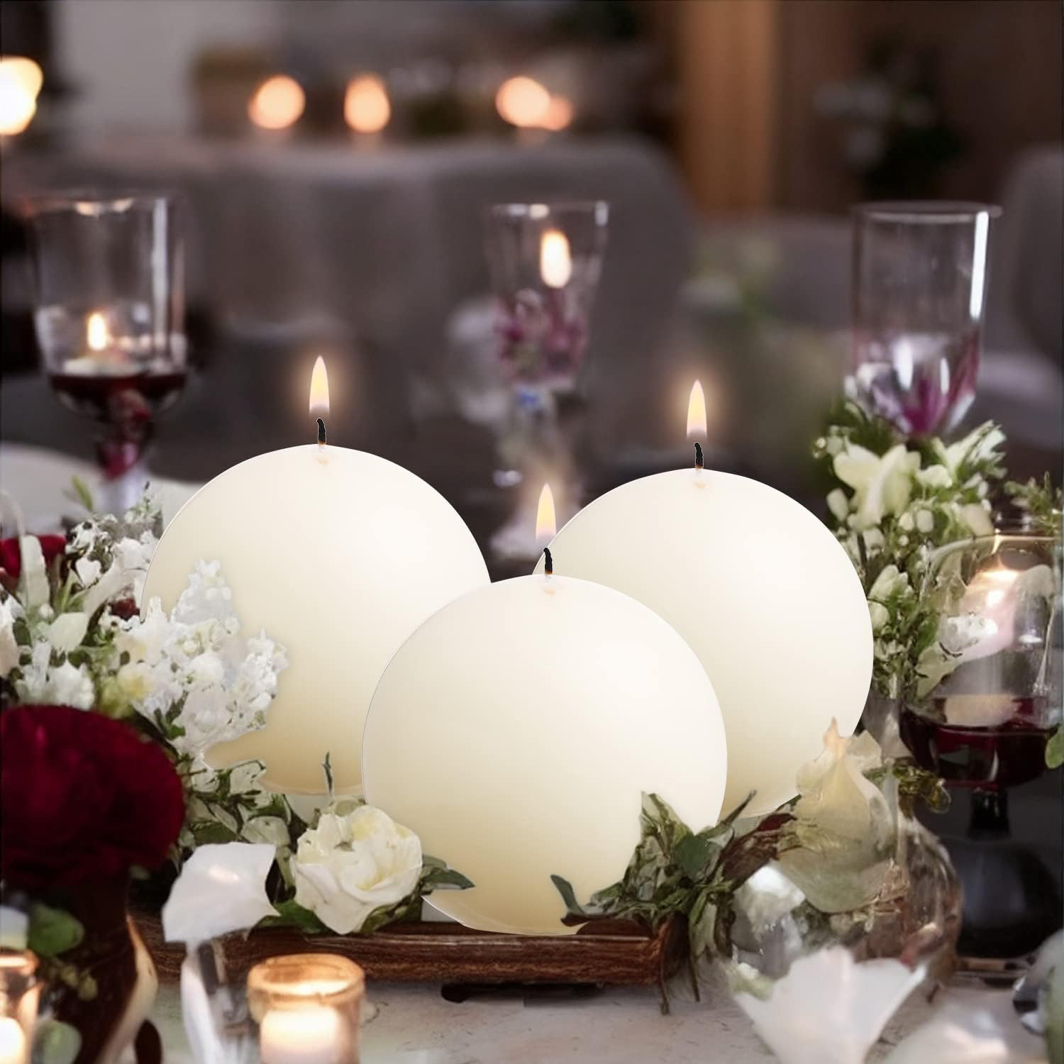 Ball Pillar Candles Set of 3 Ivory 3Inch Unscented Handpoured Weddings, Home