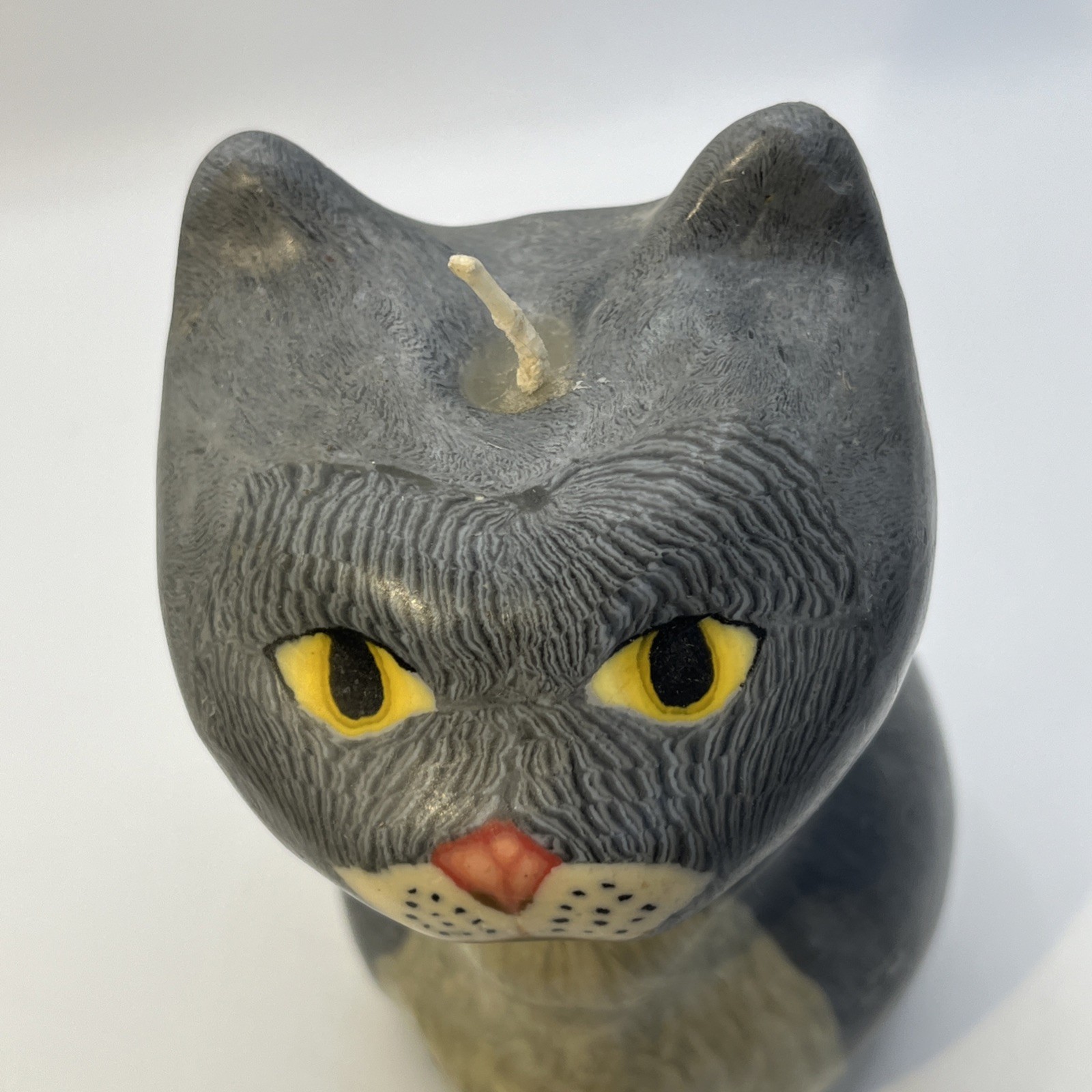 Vtg Gray Tuxedo Yellow Eye Cat Candle 5.5” Wax Figurine Pets Decor Collectible