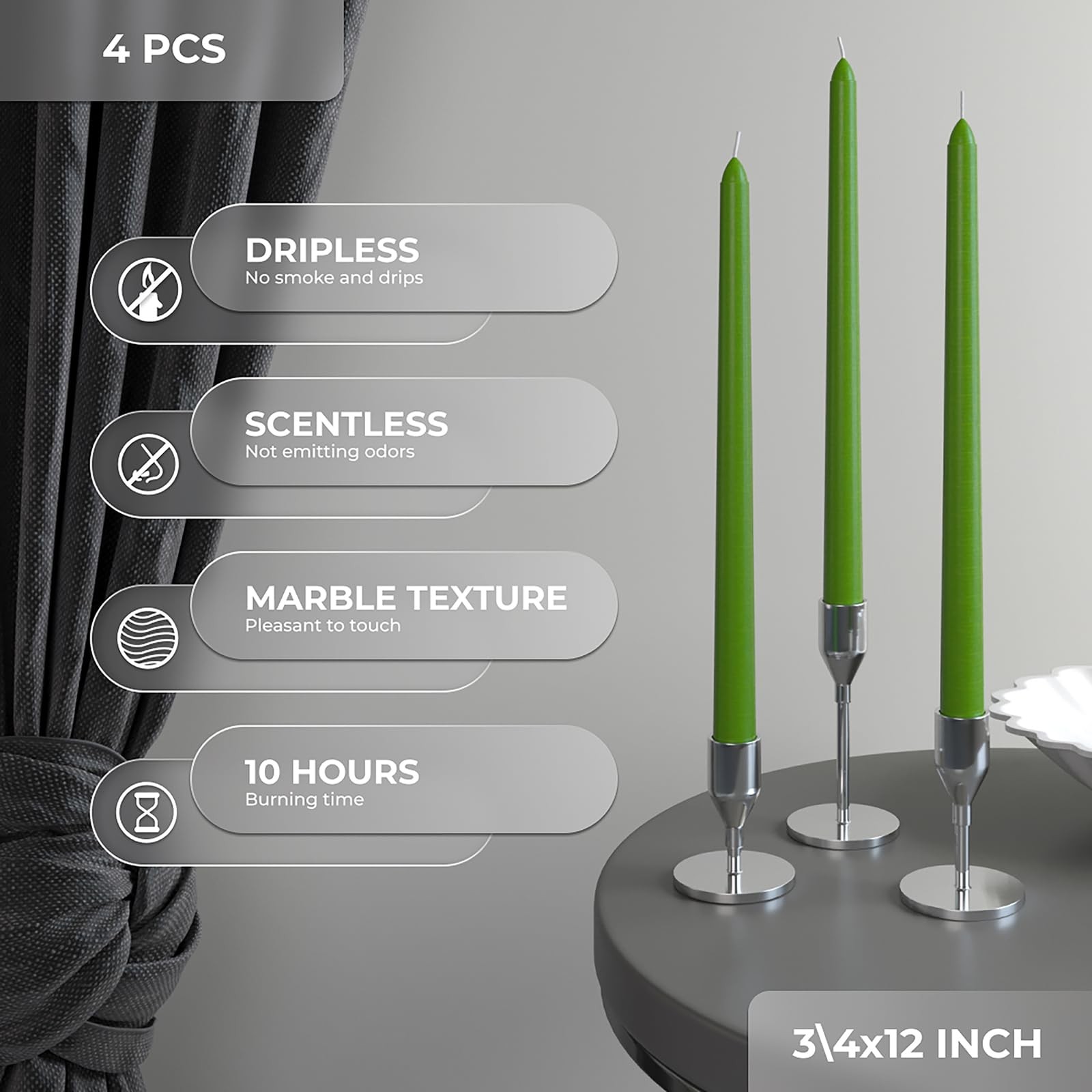 4 PCS 12 Inch Taper Candles Dripless Unscented Long Burning Grass Green