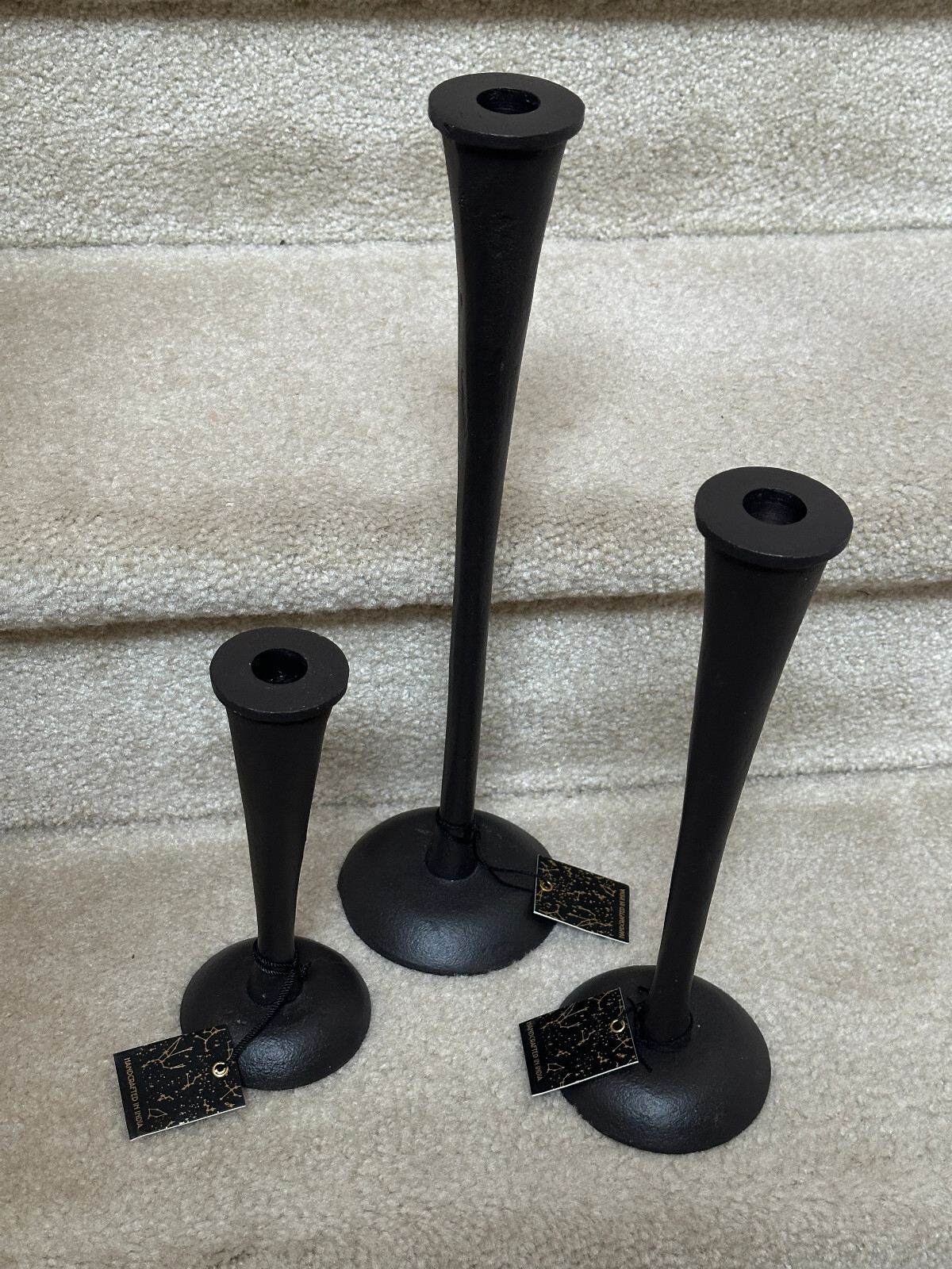 Black Cast Iron Tapered Candle Holders Handcrafted in India Set 3 8″ 12″ 16″