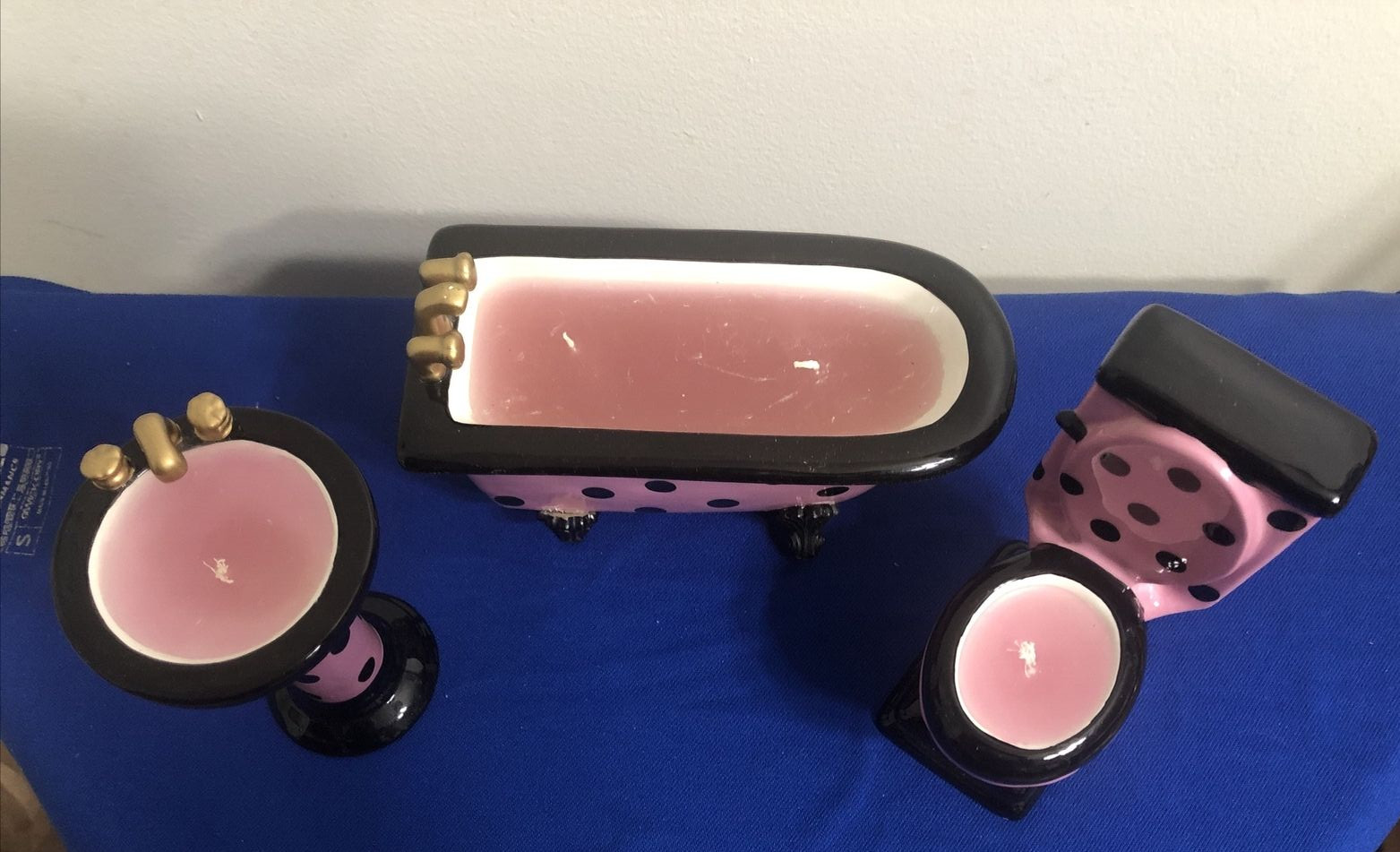 Ceramic Bathtub, Toilet & Sink Candle Set – Pink Polka Dot Design