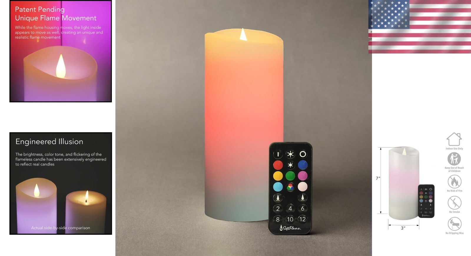 3×7 Real Wax Flameless Pillar Candle – Dimmable, Remote Control, Indoor Use Only