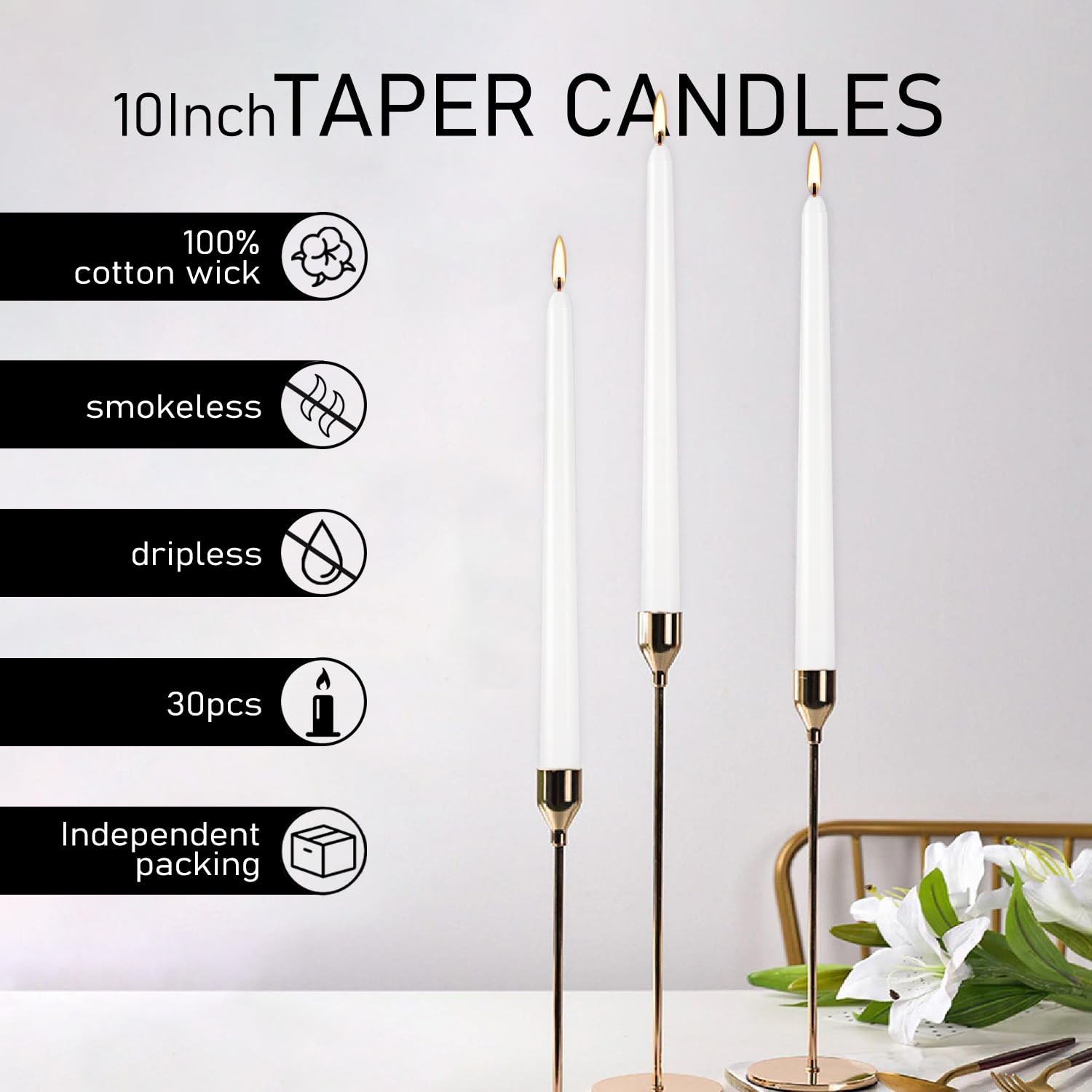 30 PCS 10 Inch White Unscented Taper Candles 8 Hour Long Burning Dripless