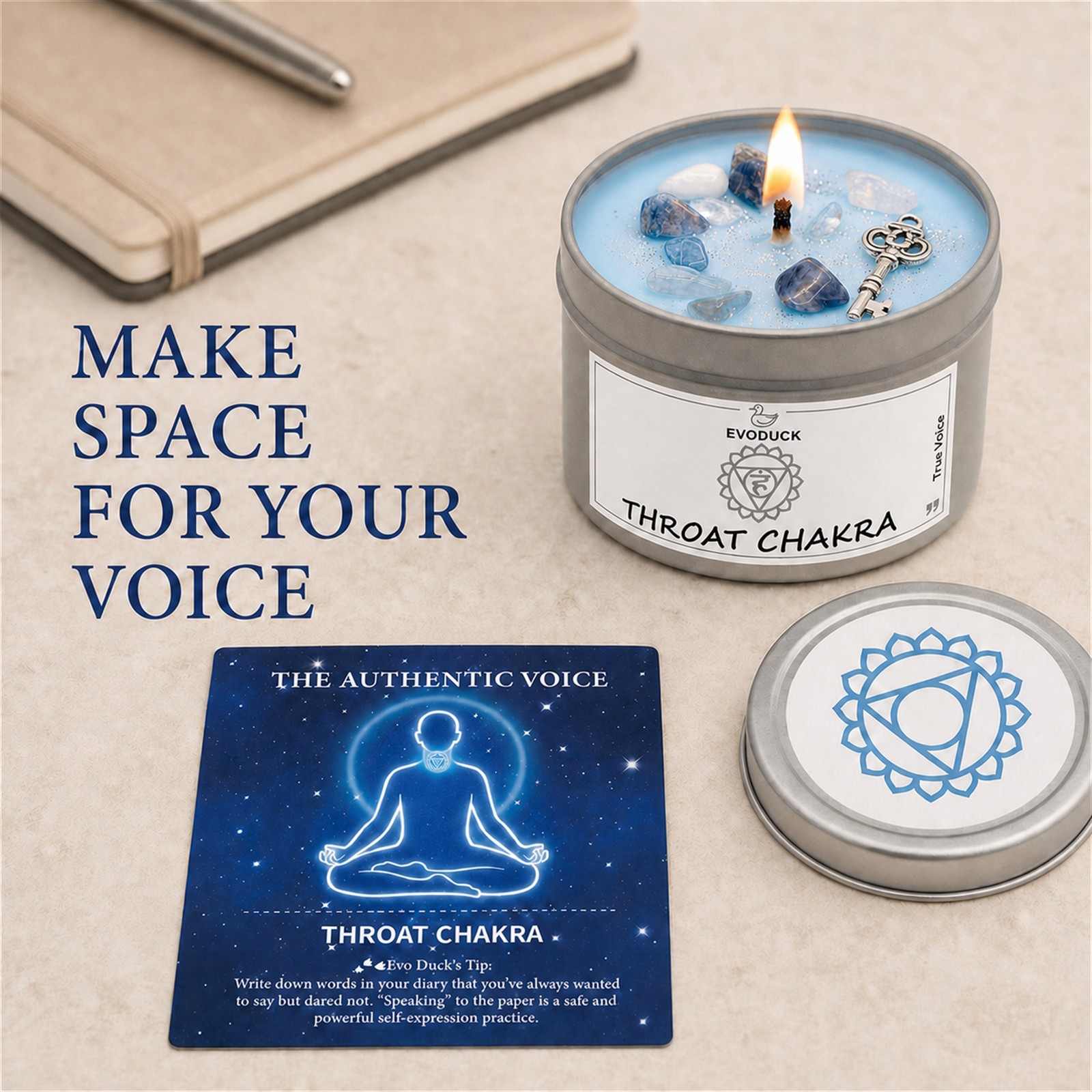 2-Pack EVODUCK Throat Chakra Healing Candles, Crystals, Positive Energy, 3 oz