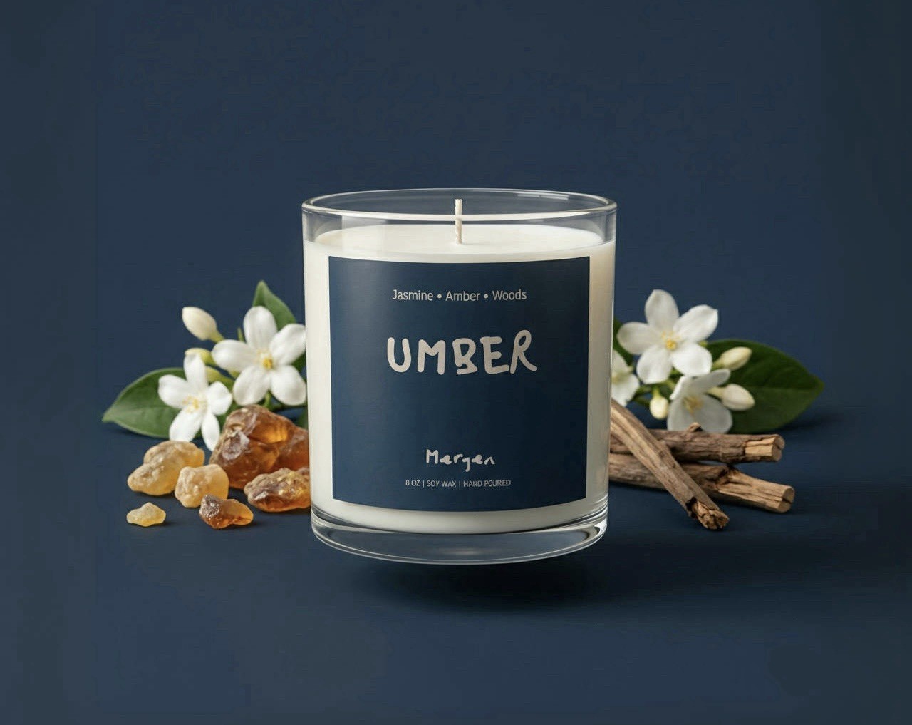 Scented 0 soy wax candle Hand Poured Candle Jasmine Amber Woods 8 oz Mergen