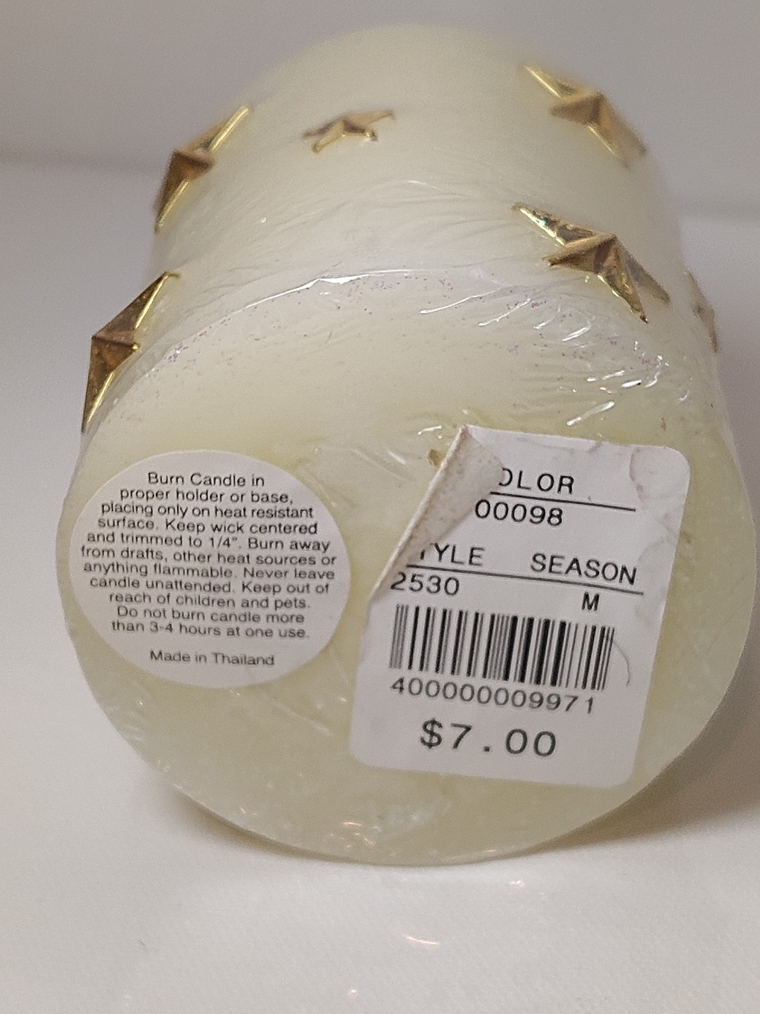 Vintage “A Touch of Gold” Wax Pillar Candle Glitter Cream Gold Stars 3.25″ New