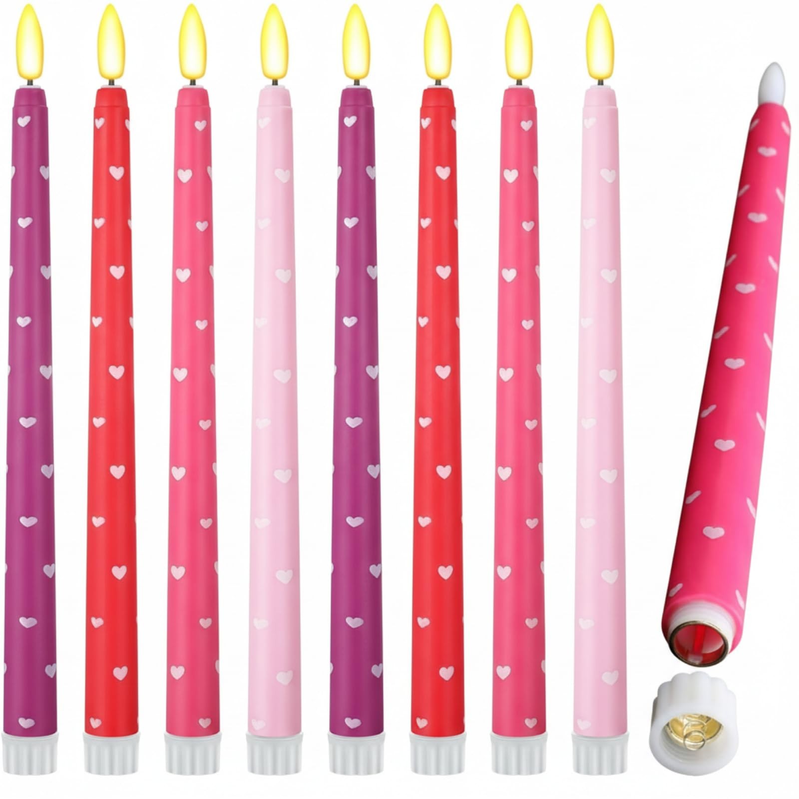 10.8 Inch Multi Color Flameless Taper Candles Heart Flickering LED 8 PCS
